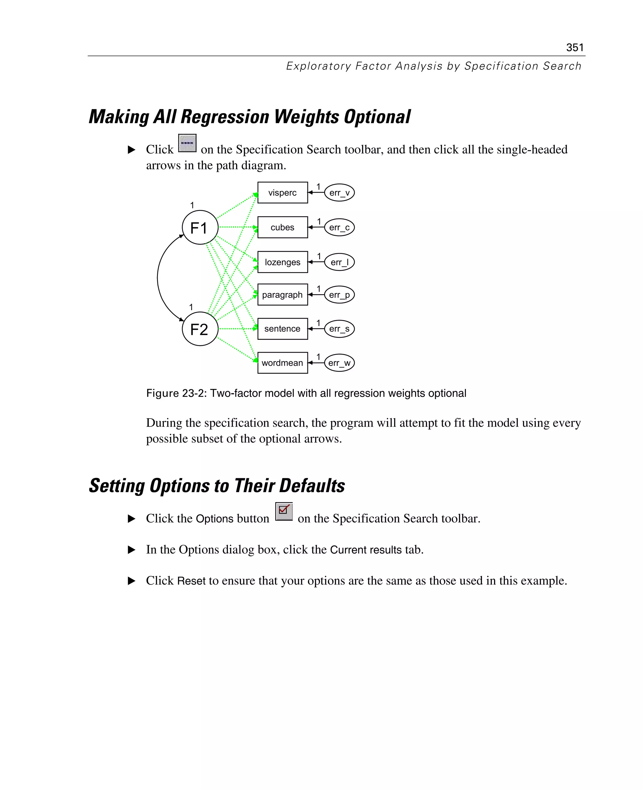 351
Exploratory Factor Analysis by Specification Search
Making All Regression Weights Optional
E Click on the Specification Search toolbar, and then click all the single-headed
arrows in the path diagram.
Figure 23-2: Two-factor model with all regression weights optional
During the specification search, the program will attempt to fit the model using every
possible subset of the optional arrows.
Setting Options to Their Defaults
E Click the Options button on the Specification Search toolbar.
E In the Options dialog box, click the Current results tab.
E Click Reset to ensure that your options are the same as those used in this example.
1
F1
visperc
cubes
lozenges
wordmean
paragraph
sentence
err_v
err_c
err_l
err_p
err_s
err_w
1
F2
1
1
1
1
1
1
 