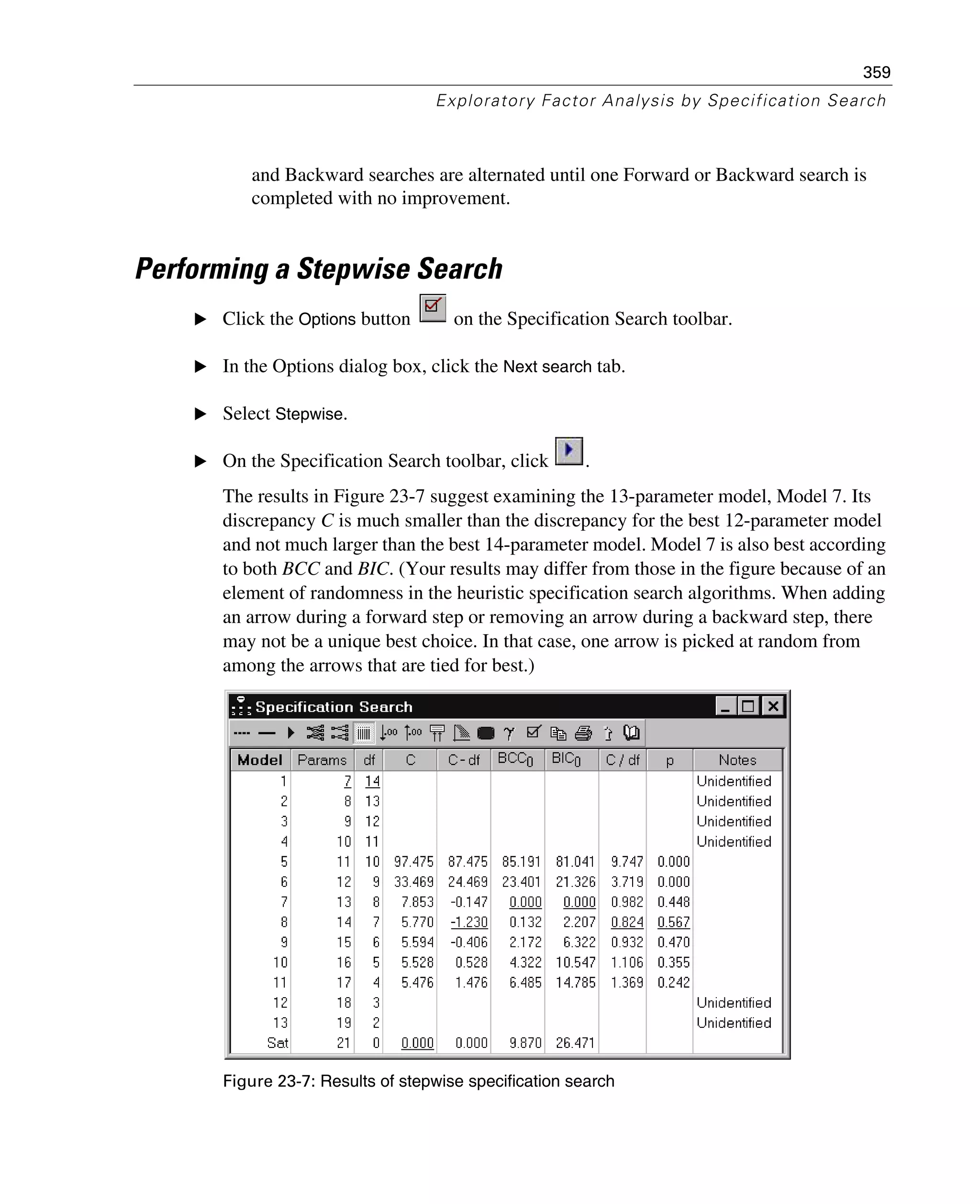 359
Exploratory Factor Analysis by Specification Search
and Backward searches are alternated until one Forward or Backward search is
completed with no improvement.
Performing a Stepwise Search
E Click the Options button on the Specification Search toolbar.
E In the Options dialog box, click the Next search tab.
E Select Stepwise.
E On the Specification Search toolbar, click .
The results in Figure 23-7 suggest examining the 13-parameter model, Model 7. Its
discrepancy C is much smaller than the discrepancy for the best 12-parameter model
and not much larger than the best 14-parameter model. Model 7 is also best according
to both BCC and BIC. (Your results may differ from those in the figure because of an
element of randomness in the heuristic specification search algorithms. When adding
an arrow during a forward step or removing an arrow during a backward step, there
may not be a unique best choice. In that case, one arrow is picked at random from
among the arrows that are tied for best.)
Figure 23-7: Results of stepwise specification search
 