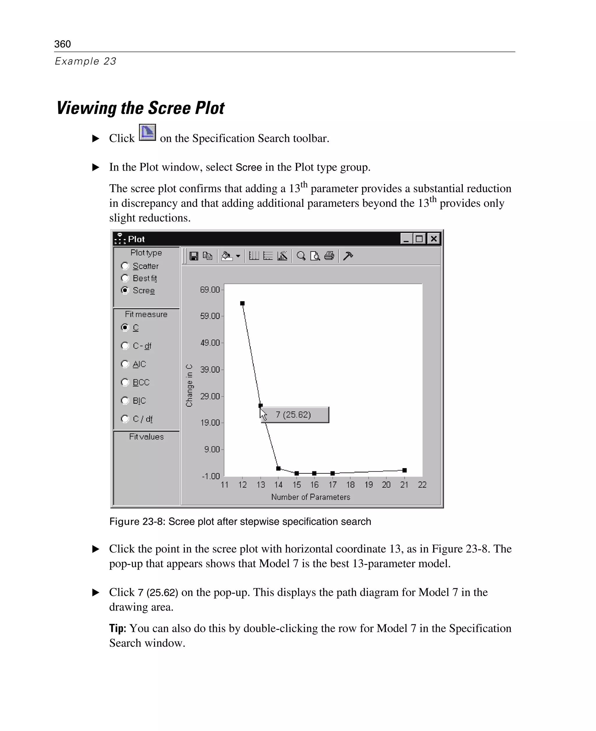 360
Example 23
Viewing the Scree Plot
E Click on the Specification Search toolbar.
E In the Plot window, select Scree in the Plot type group.
The scree plot confirms that adding a 13th parameter provides a substantial reduction
in discrepancy and that adding additional parameters beyond the 13th provides only
slight reductions.
Figure 23-8: Scree plot after stepwise specification search
E Click the point in the scree plot with horizontal coordinate 13, as in Figure 23-8. The
pop-up that appears shows that Model 7 is the best 13-parameter model.
E Click 7 (25.62) on the pop-up. This displays the path diagram for Model 7 in the
drawing area.
Tip: You can also do this by double-clicking the row for Model 7 in the Specification
Search window.
 