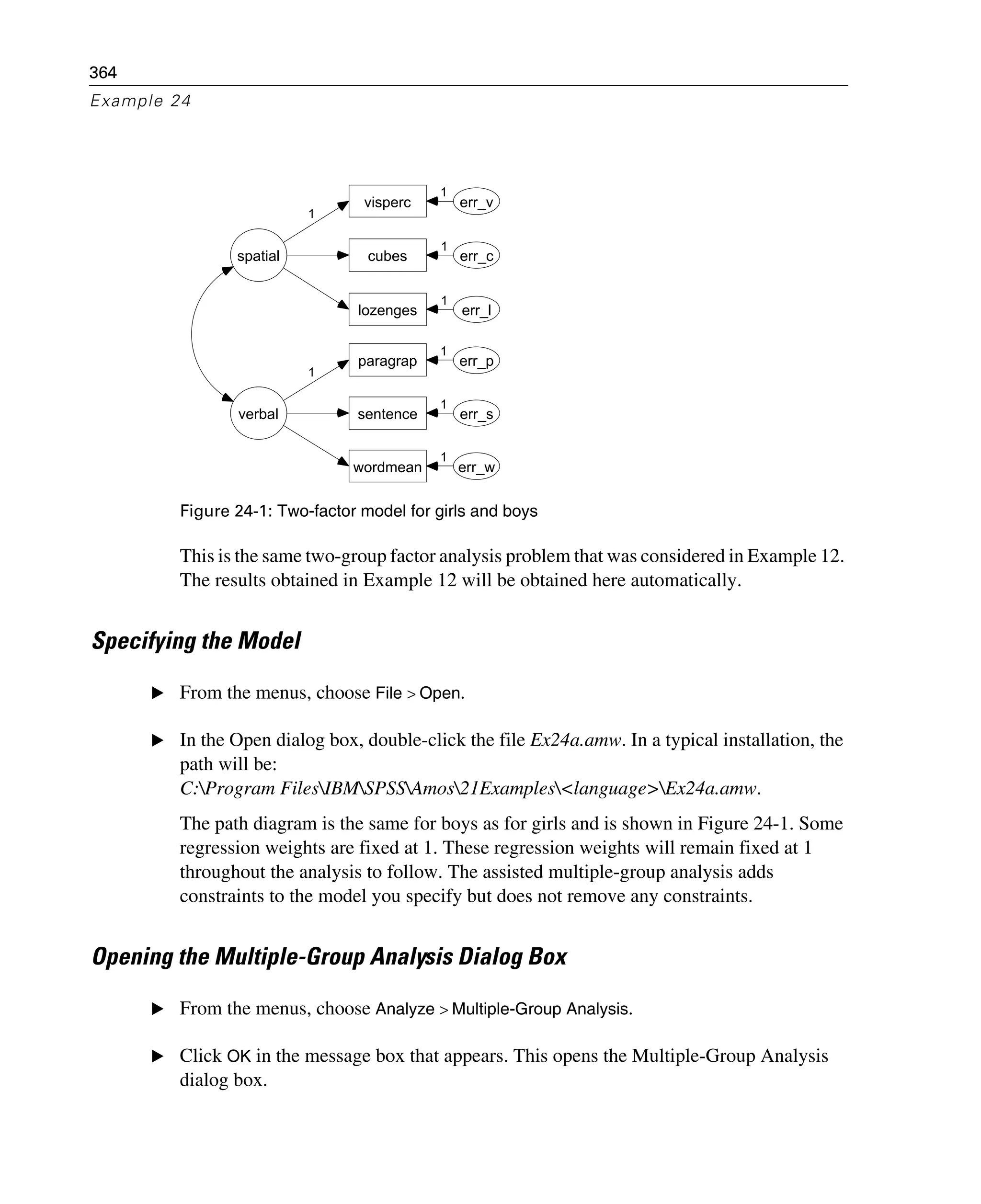 364
Example 24
Figure 24-1: Two-factor model for girls and boys
This is the same two-group factor analysis problem that was considered in Example 12.
The results obtained in Example 12 will be obtained here automatically.
Specifying the Model
E From the menus, choose File > Open.
E In the Open dialog box, double-click the file Ex24a.amw. In a typical installation, the
path will be:
C:Program FilesIBMSPSSAmos21Examples<language>Ex24a.amw.
The path diagram is the same for boys as for girls and is shown in Figure 24-1. Some
regression weights are fixed at 1. These regression weights will remain fixed at 1
throughout the analysis to follow. The assisted multiple-group analysis adds
constraints to the model you specify but does not remove any constraints.
Opening the Multiple-Group Analysis Dialog Box
E From the menus, choose Analyze > Multiple-Group Analysis.
E Click OK in the message box that appears. This opens the Multiple-Group Analysis
dialog box.
spatial
visperc
cubes
lozenges
wordmean
paragrap
sentence
err_v
err_c
err_l
err_p
err_s
err_w
verbal
1
1
1
1
1
1
1
1
 
