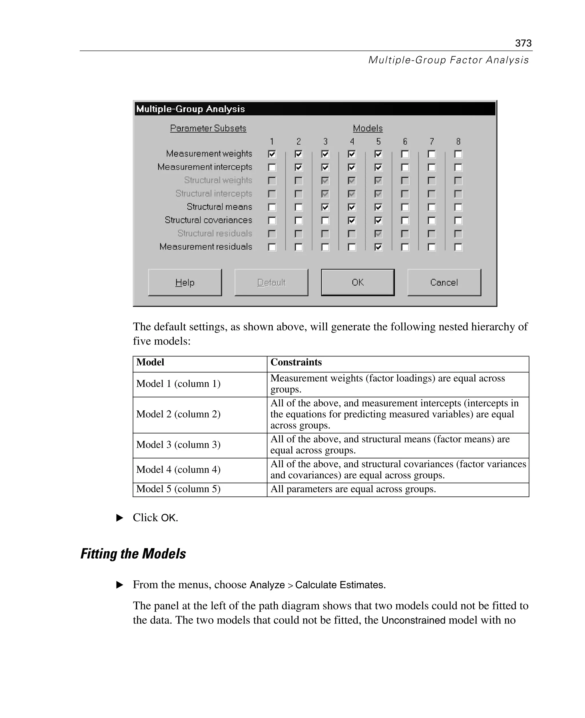 373
Multiple-Group Factor Analysis
The default settings, as shown above, will generate the following nested hierarchy of
five models:
E Click OK.
Fitting the Models
E From the menus, choose Analyze > Calculate Estimates.
The panel at the left of the path diagram shows that two models could not be fitted to
the data. The two models that could not be fitted, the Unconstrained model with no
Model Constraints
Model 1 (column 1)
Measurement weights (factor loadings) are equal across
groups.
Model 2 (column 2)
All of the above, and measurement intercepts (intercepts in
the equations for predicting measured variables) are equal
across groups.
Model 3 (column 3)
All of the above, and structural means (factor means) are
equal across groups.
Model 4 (column 4)
All of the above, and structural covariances (factor variances
and covariances) are equal across groups.
Model 5 (column 5) All parameters are equal across groups.
 