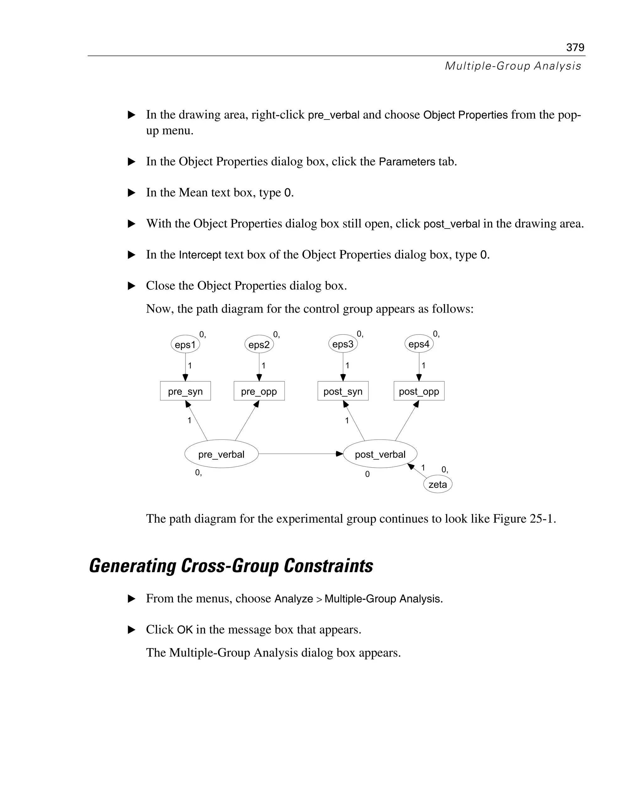 379
Multiple-Group Analysis
E In the drawing area, right-click pre_verbal and choose Object Properties from the pop-
up menu.
E In the Object Properties dialog box, click the Parameters tab.
E In the Mean text box, type 0.
E With the Object Properties dialog box still open, click post_verbal in the drawing area.
E In the Intercept text box of the Object Properties dialog box, type 0.
E Close the Object Properties dialog box.
Now, the path diagram for the control group appears as follows:
The path diagram for the experimental group continues to look like Figure 25-1.
Generating Cross-Group Constraints
E From the menus, choose Analyze > Multiple-Group Analysis.
E Click OK in the message box that appears.
The Multiple-Group Analysis dialog box appears.
0,
pre_verbal
pre_syn
0,
eps1
1
1
pre_opp
0,
eps2
1
0
post_verbal
post_syn
0,
eps3
post_opp
0,
eps4
1
1 1
0,
zeta
1
 