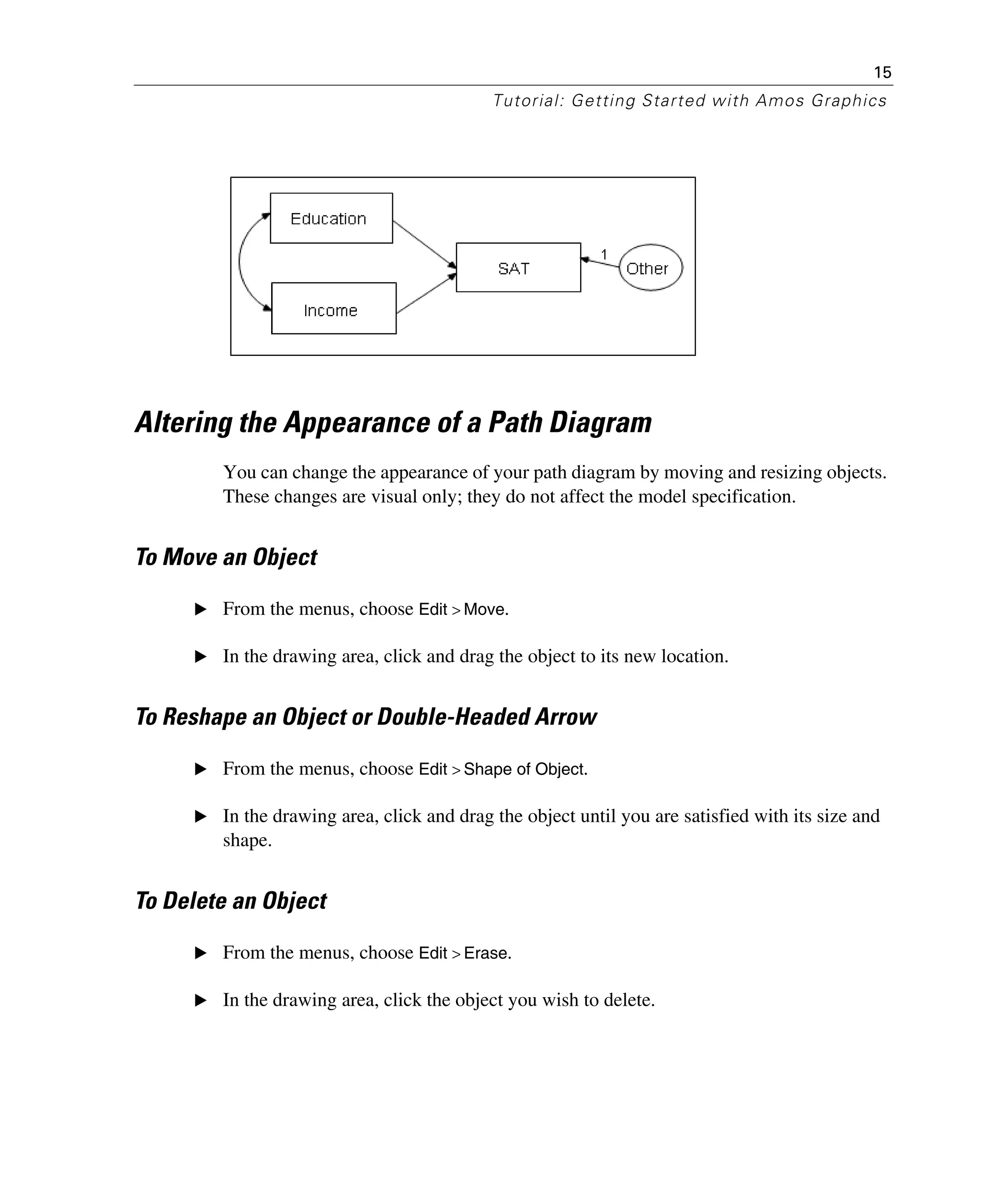 15
Tutorial: Getting Started with Amos Graphics
Altering the Appearance of a Path Diagram
You can change the appearance of your path diagram by moving and resizing objects.
These changes are visual only; they do not affect the model specification.
To Move an Object
E From the menus, choose Edit > Move.
E In the drawing area, click and drag the object to its new location.
To Reshape an Object or Double-Headed Arrow
E From the menus, choose Edit > Shape of Object.
E In the drawing area, click and drag the object until you are satisfied with its size and
shape.
To Delete an Object
E From the menus, choose Edit > Erase.
E In the drawing area, click the object you wish to delete.
 