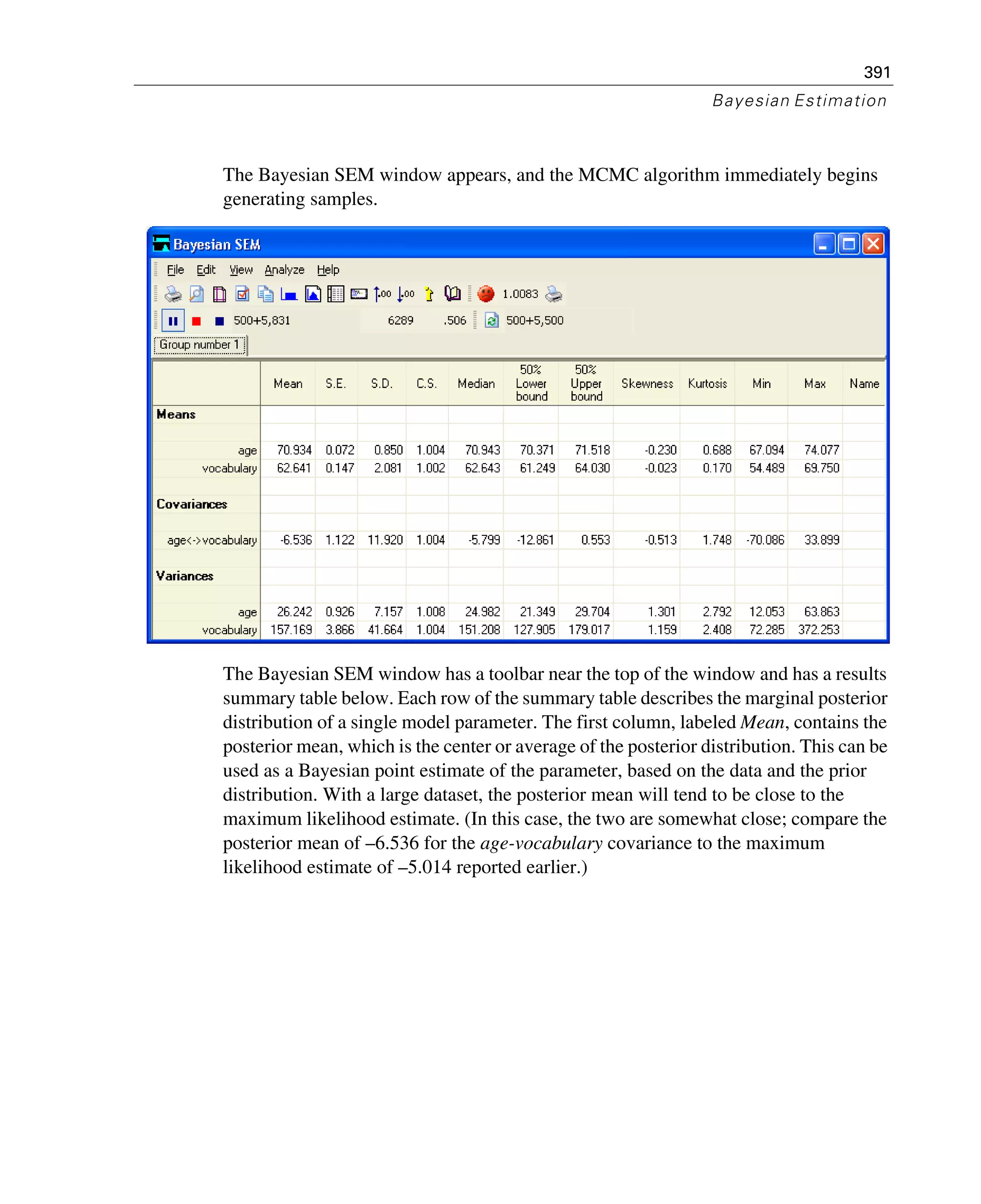 391
Bayesian Estimation
The Bayesian SEM window appears, and the MCMC algorithm immediately begins
generating samples.
The Bayesian SEM window has a toolbar near the top of the window and has a results
summary table below. Each row of the summary table describes the marginal posterior
distribution of a single model parameter. The first column, labeled Mean, contains the
posterior mean, which is the center or average of the posterior distribution. This can be
used as a Bayesian point estimate of the parameter, based on the data and the prior
distribution. With a large dataset, the posterior mean will tend to be close to the
maximum likelihood estimate. (In this case, the two are somewhat close; compare the
posterior mean of –6.536 for the age-vocabulary covariance to the maximum
likelihood estimate of –5.014 reported earlier.)
 