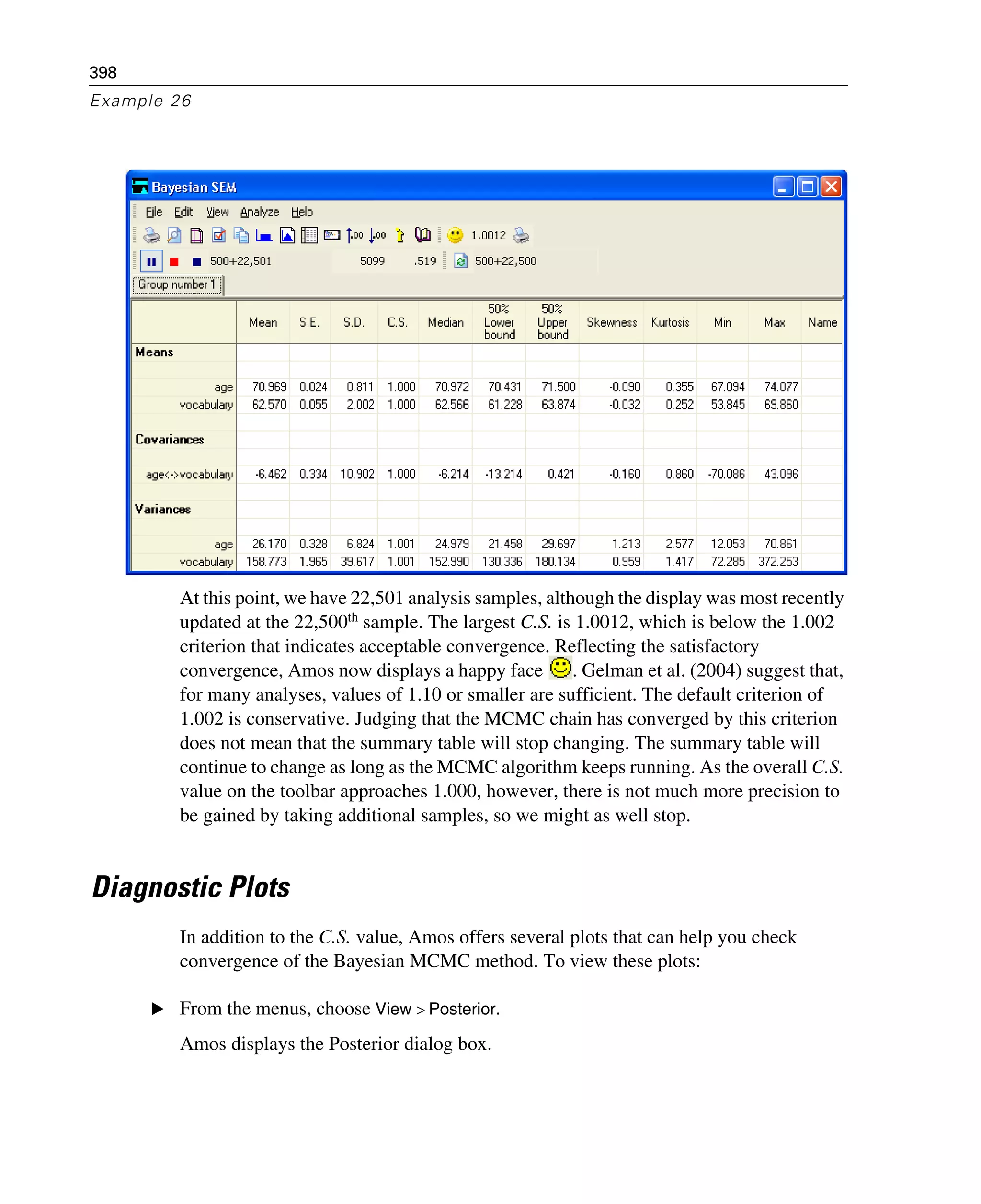 398
Example 26
At this point, we have 22,501 analysis samples, although the display was most recently
updated at the 22,500th
sample. The largest C.S. is 1.0012, which is below the 1.002
criterion that indicates acceptable convergence. Reflecting the satisfactory
convergence, Amos now displays a happy face . Gelman et al. (2004) suggest that,
for many analyses, values of 1.10 or smaller are sufficient. The default criterion of
1.002 is conservative. Judging that the MCMC chain has converged by this criterion
does not mean that the summary table will stop changing. The summary table will
continue to change as long as the MCMC algorithm keeps running. As the overall C.S.
value on the toolbar approaches 1.000, however, there is not much more precision to
be gained by taking additional samples, so we might as well stop.
Diagnostic Plots
In addition to the C.S. value, Amos offers several plots that can help you check
convergence of the Bayesian MCMC method. To view these plots:
E From the menus, choose View > Posterior.
Amos displays the Posterior dialog box.
 