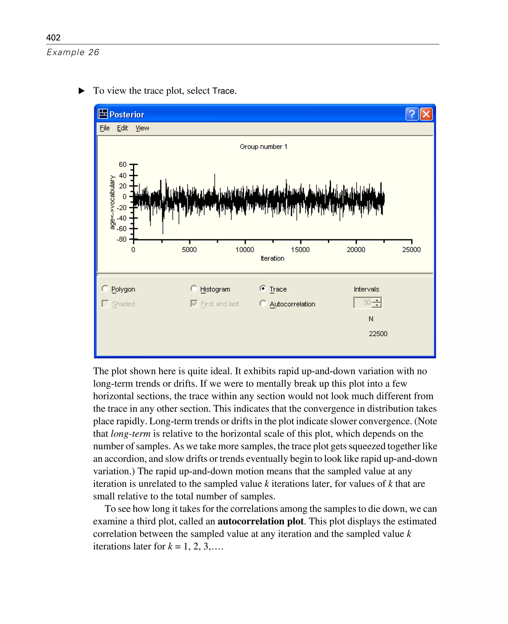 402
Example 26
E To view the trace plot, select Trace.
The plot shown here is quite ideal. It exhibits rapid up-and-down variation with no
long-term trends or drifts. If we were to mentally break up this plot into a few
horizontal sections, the trace within any section would not look much different from
the trace in any other section. This indicates that the convergence in distribution takes
place rapidly. Long-term trends or drifts in the plot indicate slower convergence. (Note
that long-term is relative to the horizontal scale of this plot, which depends on the
number of samples. As we take more samples, the trace plot gets squeezed together like
an accordion, and slow drifts or trends eventually begin to look like rapid up-and-down
variation.) The rapid up-and-down motion means that the sampled value at any
iteration is unrelated to the sampled value k iterations later, for values of k that are
small relative to the total number of samples.
To see how long it takes for the correlations among the samples to die down, we can
examine a third plot, called an autocorrelation plot. This plot displays the estimated
correlation between the sampled value at any iteration and the sampled value k
iterations later for k = 1, 2, 3,….
 