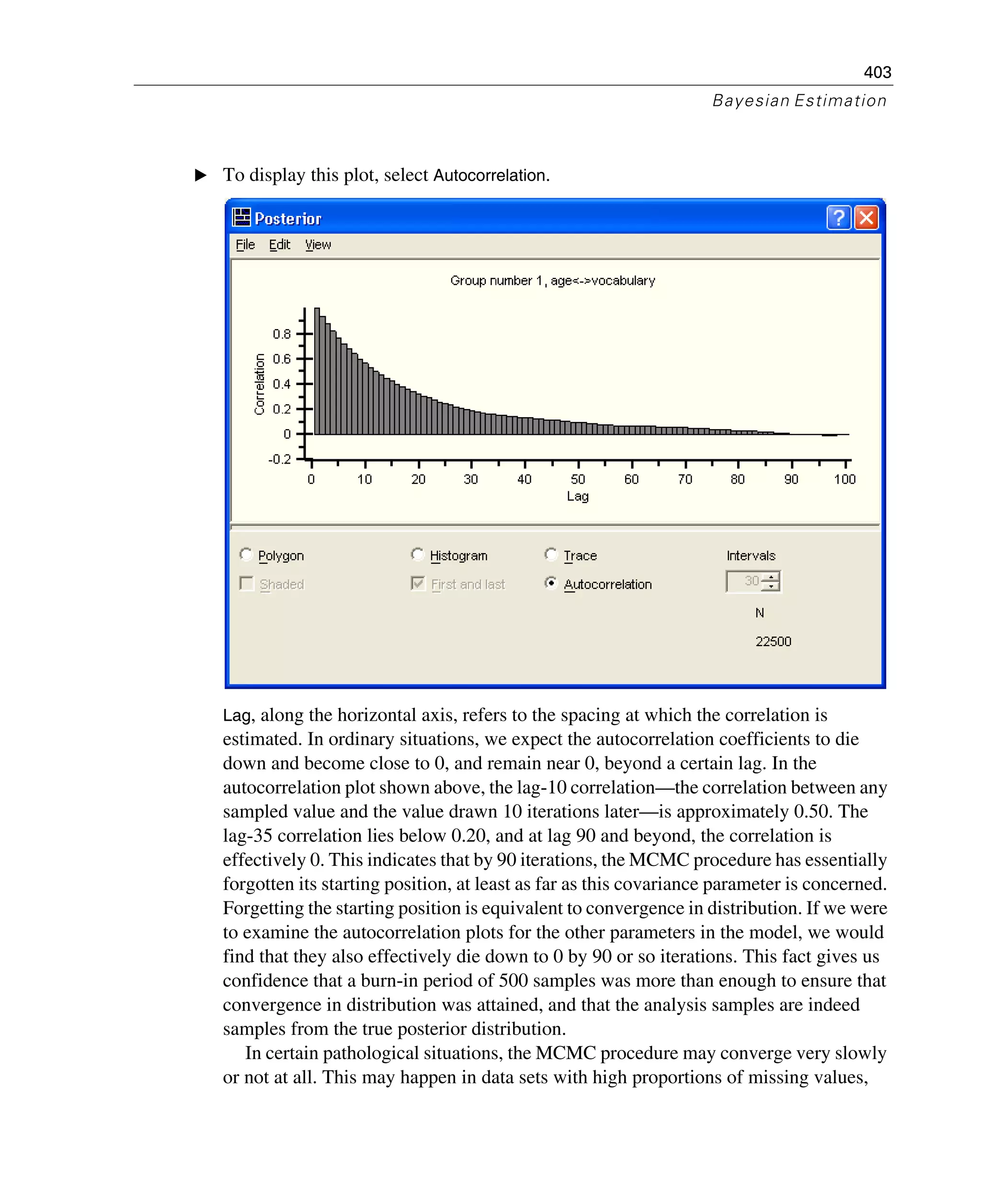 403
Bayesian Estimation
E To display this plot, select Autocorrelation.
Lag, along the horizontal axis, refers to the spacing at which the correlation is
estimated. In ordinary situations, we expect the autocorrelation coefficients to die
down and become close to 0, and remain near 0, beyond a certain lag. In the
autocorrelation plot shown above, the lag-10 correlation—the correlation between any
sampled value and the value drawn 10 iterations later—is approximately 0.50. The
lag-35 correlation lies below 0.20, and at lag 90 and beyond, the correlation is
effectively 0. This indicates that by 90 iterations, the MCMC procedure has essentially
forgotten its starting position, at least as far as this covariance parameter is concerned.
Forgetting the starting position is equivalent to convergence in distribution. If we were
to examine the autocorrelation plots for the other parameters in the model, we would
find that they also effectively die down to 0 by 90 or so iterations. This fact gives us
confidence that a burn-in period of 500 samples was more than enough to ensure that
convergence in distribution was attained, and that the analysis samples are indeed
samples from the true posterior distribution.
In certain pathological situations, the MCMC procedure may converge very slowly
or not at all. This may happen in data sets with high proportions of missing values,
 