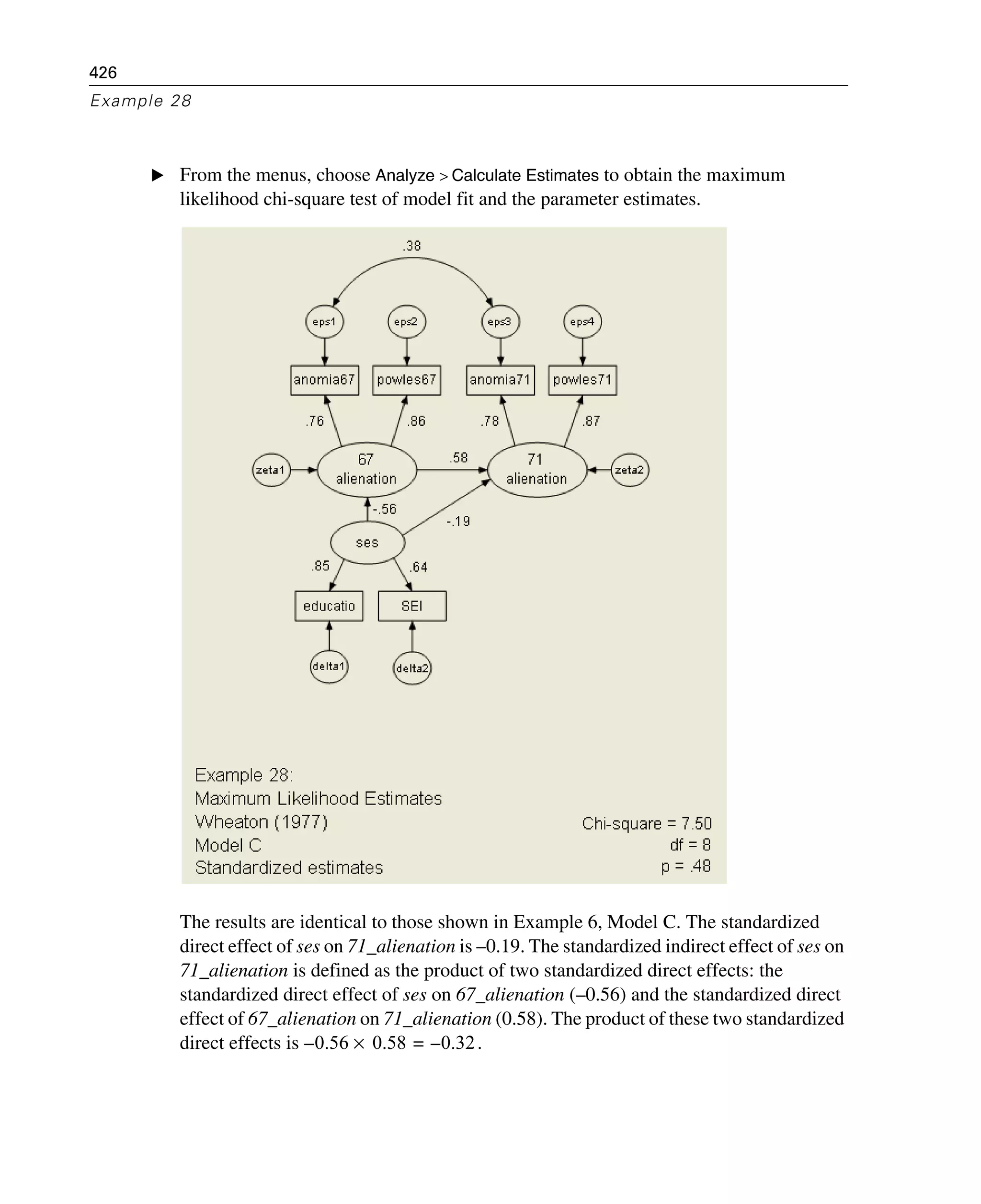 426
Example 28
E From the menus, choose Analyze > Calculate Estimates to obtain the maximum
likelihood chi-square test of model fit and the parameter estimates.
The results are identical to those shown in Example 6, Model C. The standardized
direct effect of ses on 71_alienation is –0.19. The standardized indirect effect of ses on
71_alienation is defined as the product of two standardized direct effects: the
standardized direct effect of ses on 67_alienation (–0.56) and the standardized direct
effect of 67_alienation on 71_alienation (0.58). The product of these two standardized
direct effects is .0.56– 0.58 0.32–=×
 