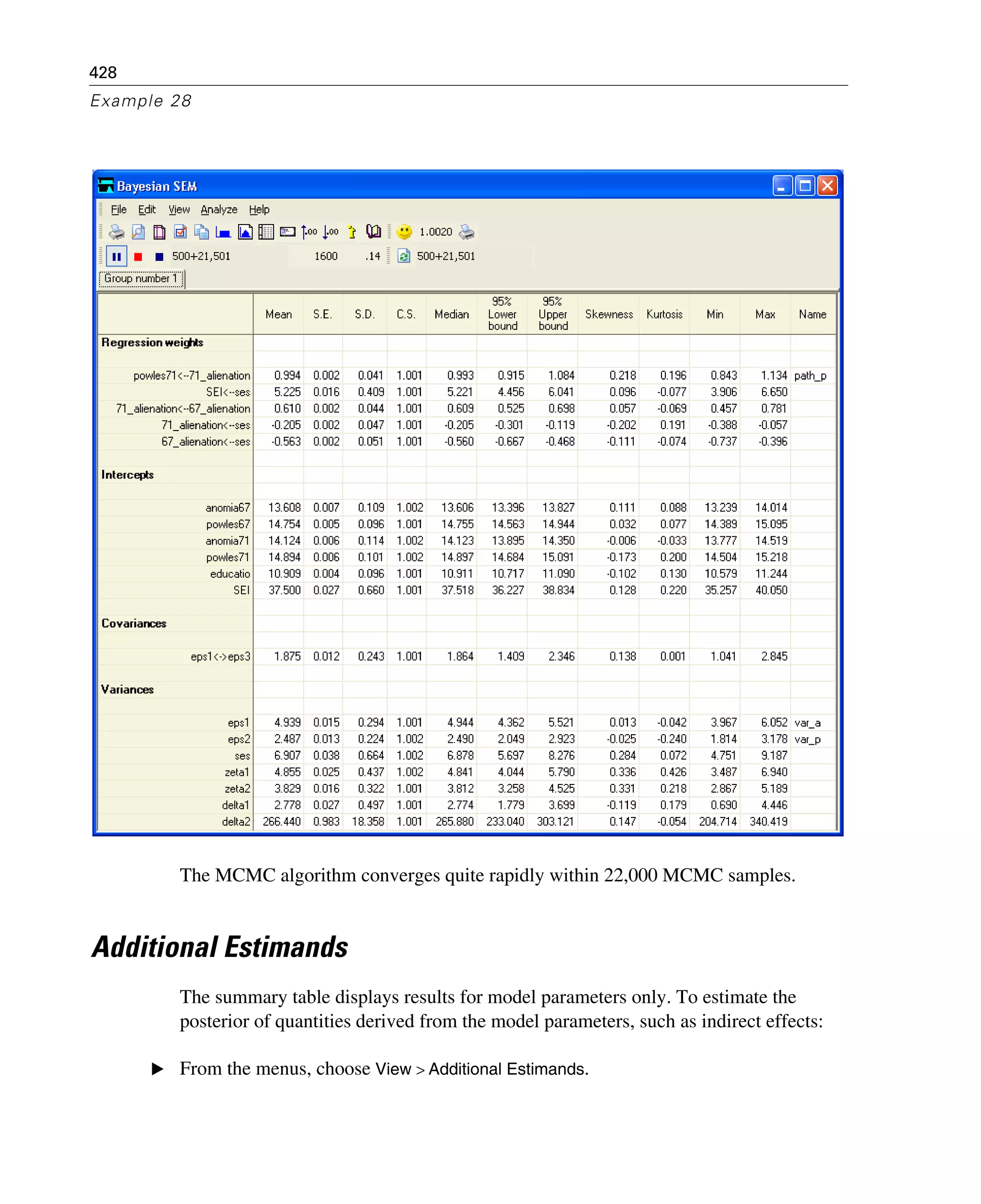428
Example 28
The MCMC algorithm converges quite rapidly within 22,000 MCMC samples.
Additional Estimands
The summary table displays results for model parameters only. To estimate the
posterior of quantities derived from the model parameters, such as indirect effects:
E From the menus, choose View > Additional Estimands.
 