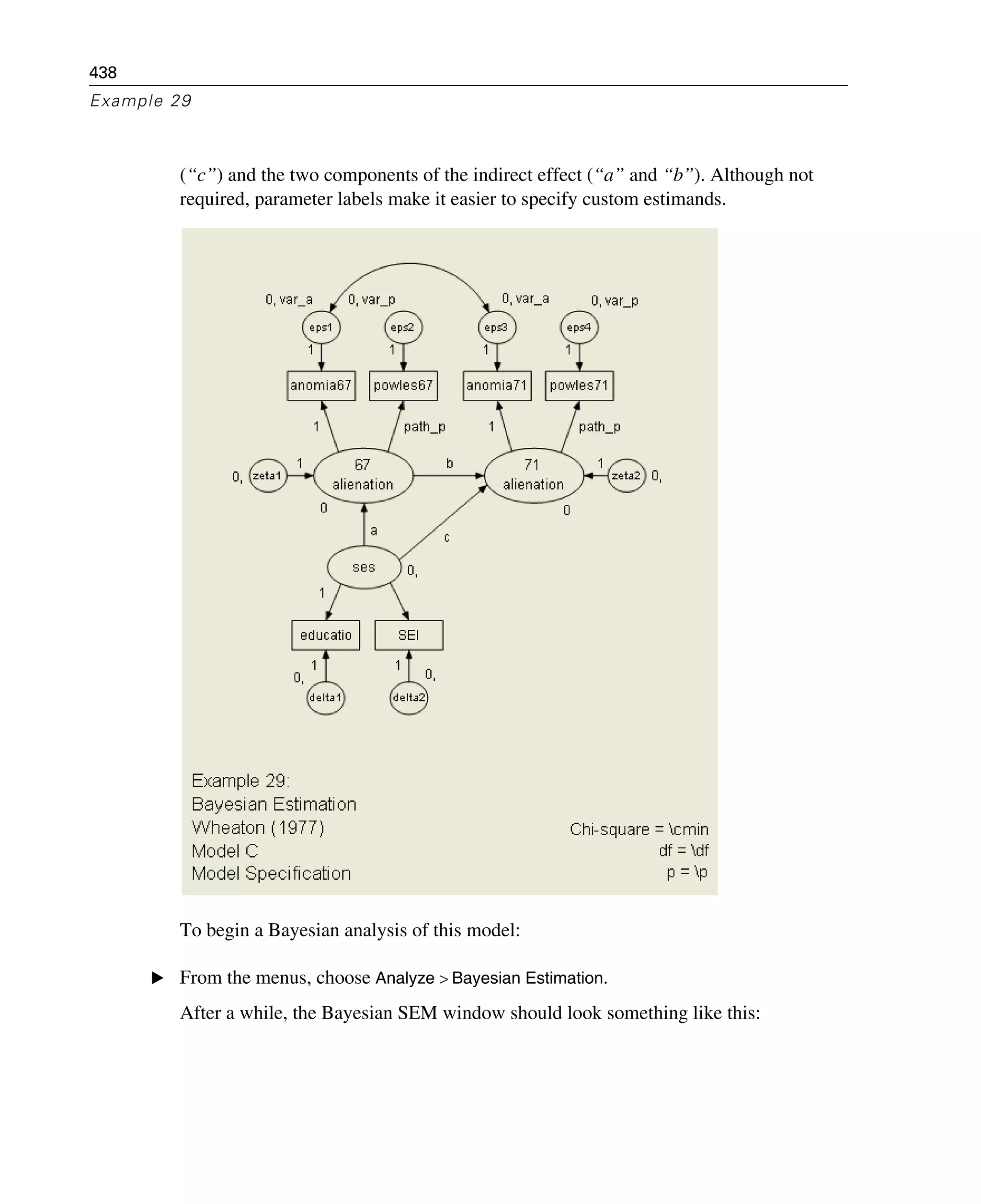 438
Example 29
(“c”) and the two components of the indirect effect (“a” and “b”). Although not
required, parameter labels make it easier to specify custom estimands.
To begin a Bayesian analysis of this model:
E From the menus, choose Analyze > Bayesian Estimation.
After a while, the Bayesian SEM window should look something like this:
 