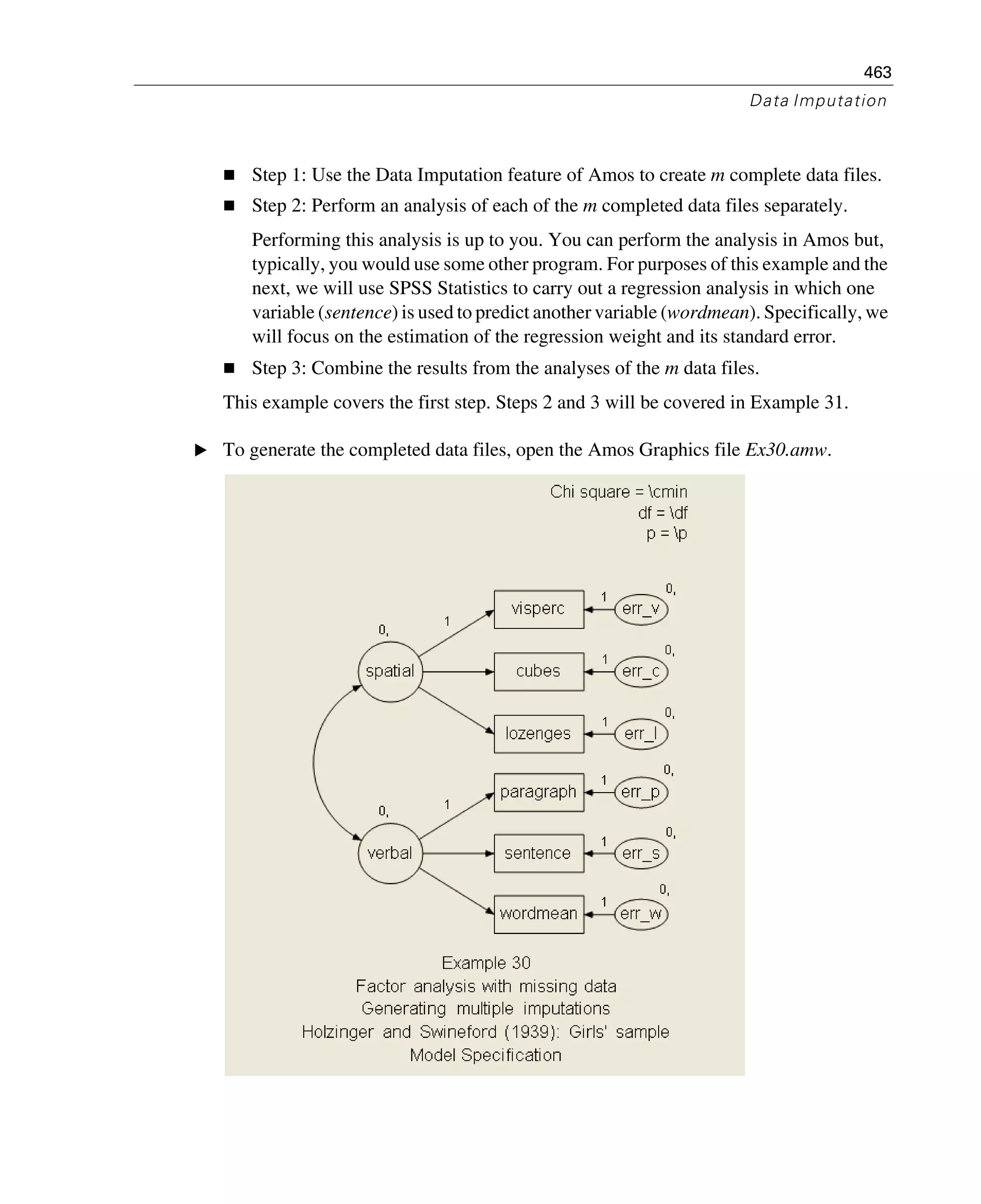 463
Data Imputation
Step 1: Use the Data Imputation feature of Amos to create m complete data files.
Step 2: Perform an analysis of each of the m completed data files separately.
Performing this analysis is up to you. You can perform the analysis in Amos but,
typically, you would use some other program. For purposes of this example and the
next, we will use SPSS Statistics to carry out a regression analysis in which one
variable (sentence) is used to predict another variable (wordmean). Specifically, we
will focus on the estimation of the regression weight and its standard error.
Step 3: Combine the results from the analyses of the m data files.
This example covers the first step. Steps 2 and 3 will be covered in Example 31.
E To generate the completed data files, open the Amos Graphics file Ex30.amw.
 
