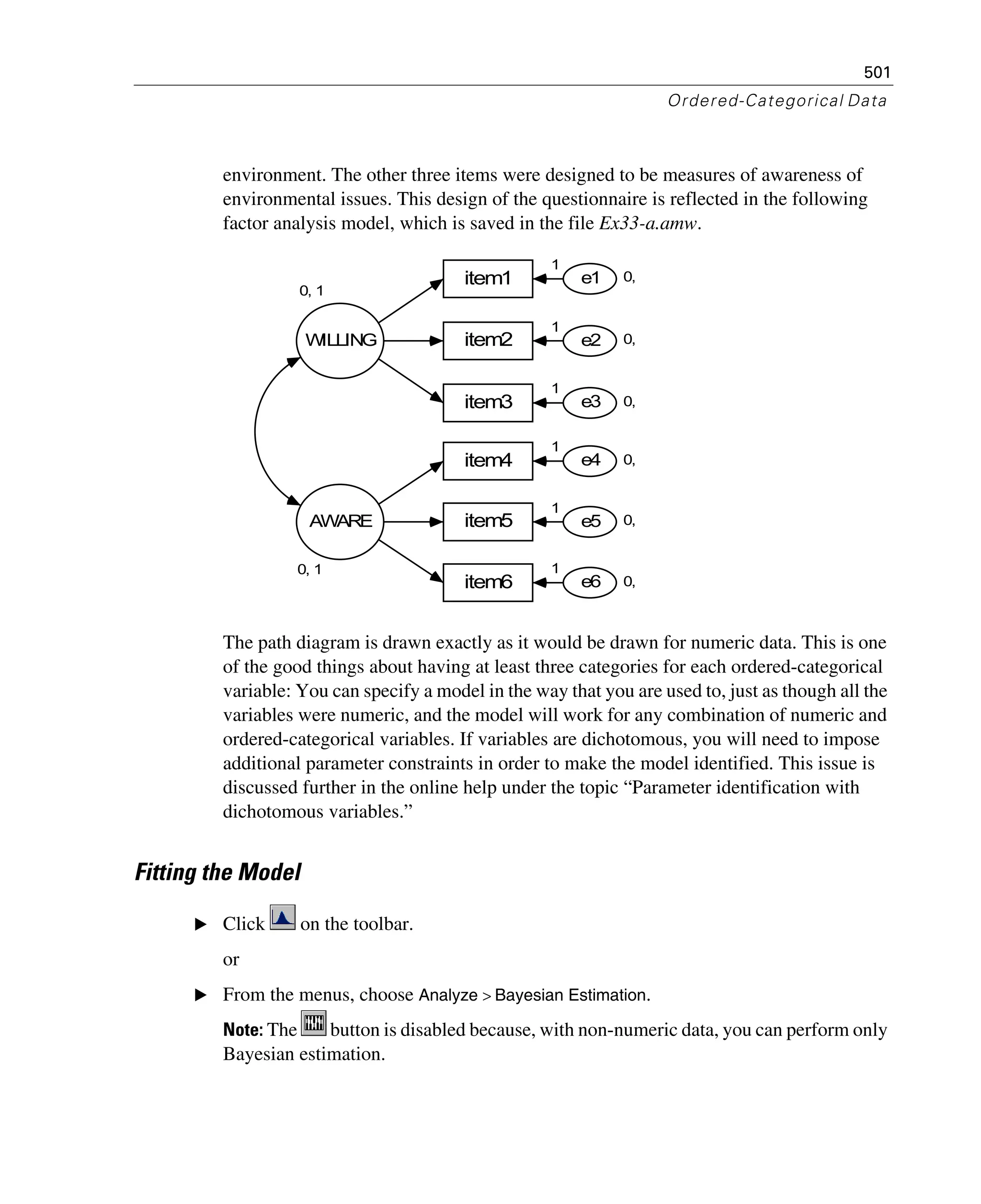 501
Ordered-Categorical Data
environment. The other three items were designed to be measures of awareness of
environmental issues. This design of the questionnaire is reflected in the following
factor analysis model, which is saved in the file Ex33-a.amw.
The path diagram is drawn exactly as it would be drawn for numeric data. This is one
of the good things about having at least three categories for each ordered-categorical
variable: You can specify a model in the way that you are used to, just as though all the
variables were numeric, and the model will work for any combination of numeric and
ordered-categorical variables. If variables are dichotomous, you will need to impose
additional parameter constraints in order to make the model identified. This issue is
discussed further in the online help under the topic “Parameter identification with
dichotomous variables.”
Fitting the Model
E Click on the toolbar.
or
E From the menus, choose Analyze > Bayesian Estimation.
Note: The button is disabled because, with non-numeric data, you can perform only
Bayesian estimation.
0, 1
WILLING
item1
item2
item3
item6
item4
item5
0,e1
0,e2
0,e3
0,e4
0,e5
0,e6
0, 1
AWARE
1
1
1
1
1
1
 