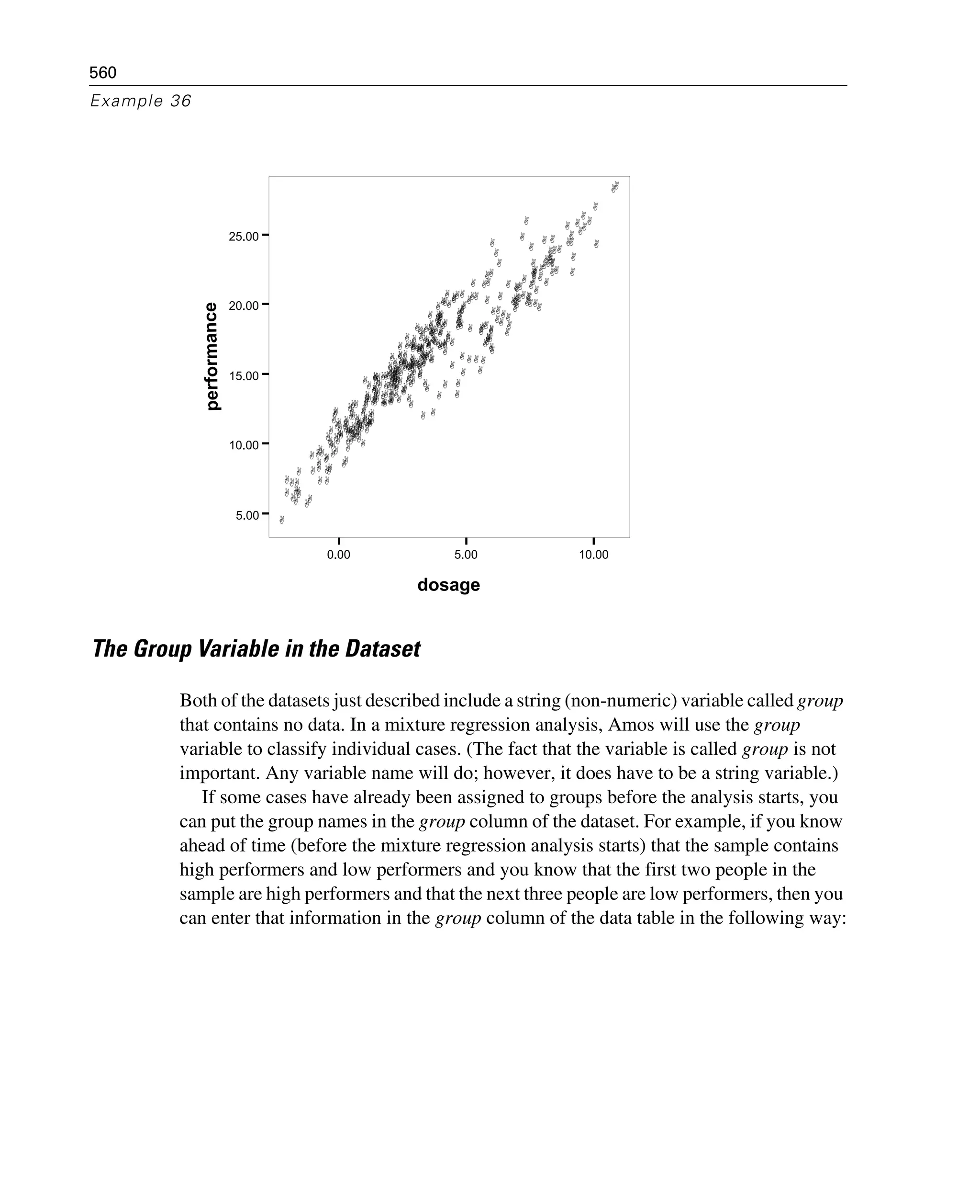 560
Example 36
The Group Variable in the Dataset
Both of the datasets just described include a string (non-numeric) variable called group
that contains no data. In a mixture regression analysis, Amos will use the group
variable to classify individual cases. (The fact that the variable is called group is not
important. Any variable name will do; however, it does have to be a string variable.)
If some cases have already been assigned to groups before the analysis starts, you
can put the group names in the group column of the dataset. For example, if you know
ahead of time (before the mixture regression analysis starts) that the sample contains
high performers and low performers and you know that the first two people in the
sample are high performers and that the next three people are low performers, then you
can enter that information in the group column of the data table in the following way:
0.00 5.00 10.00
dosage
5.00
10.00
15.00
20.00
25.00
performance
 