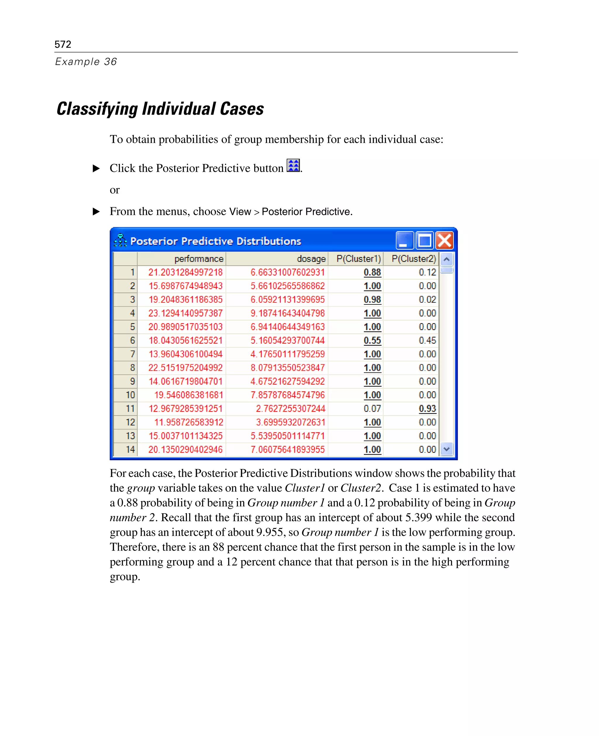 572
Example 36
Classifying Individual Cases
To obtain probabilities of group membership for each individual case:
E Click the Posterior Predictive button .
or
E From the menus, choose View > Posterior Predictive.
For each case, the Posterior Predictive Distributions window shows the probability that
the group variable takes on the value Cluster1 or Cluster2. Case 1 is estimated to have
a 0.88 probability of being in Group number 1 and a 0.12 probability of being in Group
number 2. Recall that the first group has an intercept of about 5.399 while the second
group has an intercept of about 9.955, so Group number 1 is the low performing group.
Therefore, there is an 88 percent chance that the first person in the sample is in the low
performing group and a 12 percent chance that that person is in the high performing
group.
 