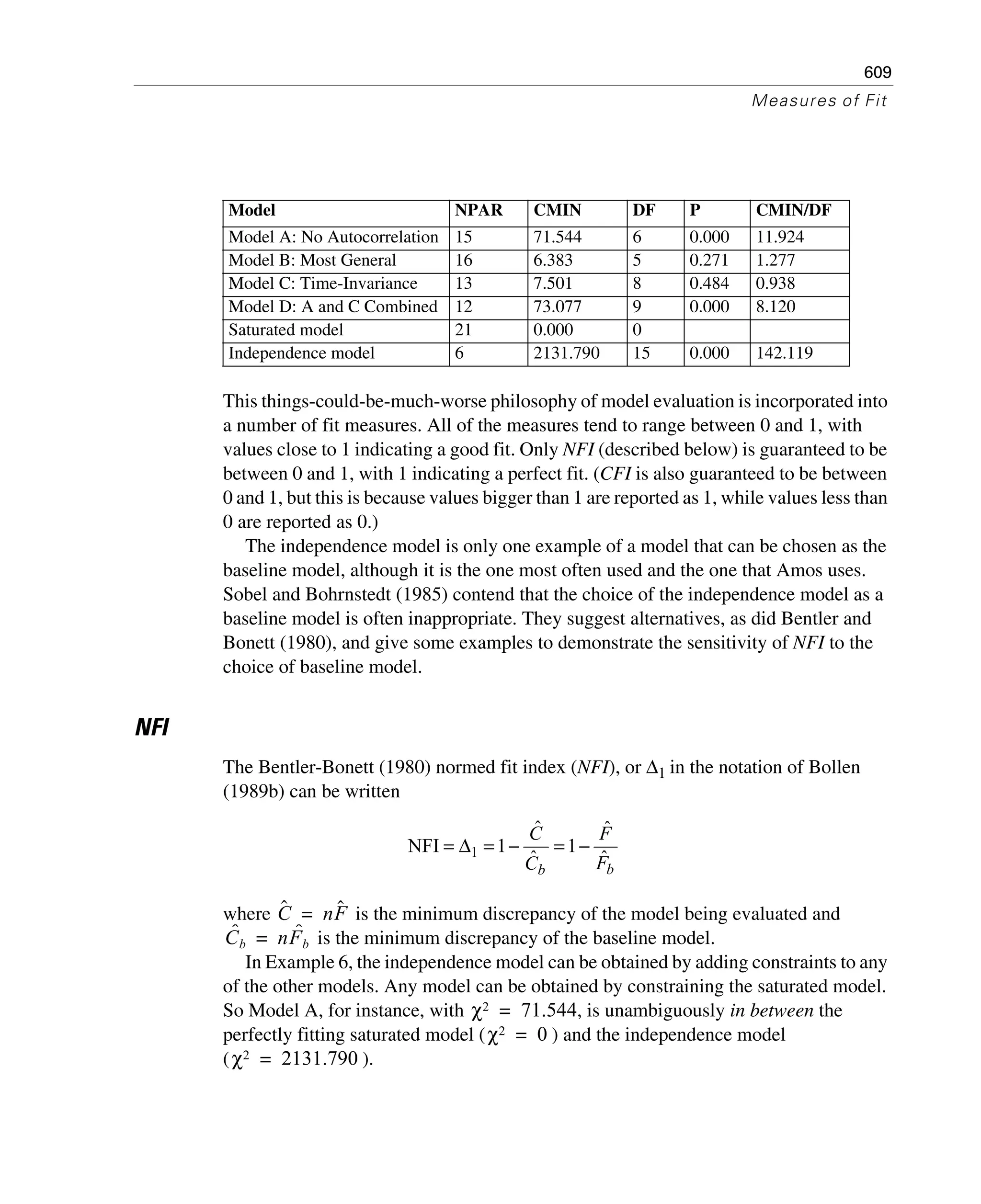 609
Measures of Fit
This things-could-be-much-worse philosophy of model evaluation is incorporated into
a number of fit measures. All of the measures tend to range between 0 and 1, with
values close to 1 indicating a good fit. Only NFI (described below) is guaranteed to be
between 0 and 1, with 1 indicating a perfect fit. (CFI is also guaranteed to be between
0 and 1, but this is because values bigger than 1 are reported as 1, while values less than
0 are reported as 0.)
The independence model is only one example of a model that can be chosen as the
baseline model, although it is the one most often used and the one that Amos uses.
Sobel and Bohrnstedt (1985) contend that the choice of the independence model as a
baseline model is often inappropriate. They suggest alternatives, as did Bentler and
Bonett (1980), and give some examples to demonstrate the sensitivity of NFI to the
choice of baseline model.
NFI
The Bentler-Bonett (1980) normed fit index (NFI), or Δ1 in the notation of Bollen
(1989b) can be written
where is the minimum discrepancy of the model being evaluated and
is the minimum discrepancy of the baseline model.
In Example 6, the independence model can be obtained by adding constraints to any
of the other models. Any model can be obtained by constraining the saturated model.
So Model A, for instance, with , is unambiguously in between the
perfectly fitting saturated model ( ) and the independence model
( ).
Model NPAR CMIN DF P CMIN/DF
Model A: No Autocorrelation 15 71.544 6 0.000 11.924
Model B: Most General 16 6.383 5 0.271 1.277
Model C: Time-Invariance 13 7.501 8 0.484 0.938
Model D: A and C Combined 12 73.077 9 0.000 8.120
Saturated model 21 0.000 0
Independence model 6 2131.790 15 0.000 142.119
bb F
F
C
C
ˆ
ˆ
1
ˆ
ˆ
1NFI 1 −=−=Δ=
Cˆ nFˆ=
Cb
ˆ nFb
ˆ=
χ2 71.544=
χ2 0=
χ2 2131.790=
 