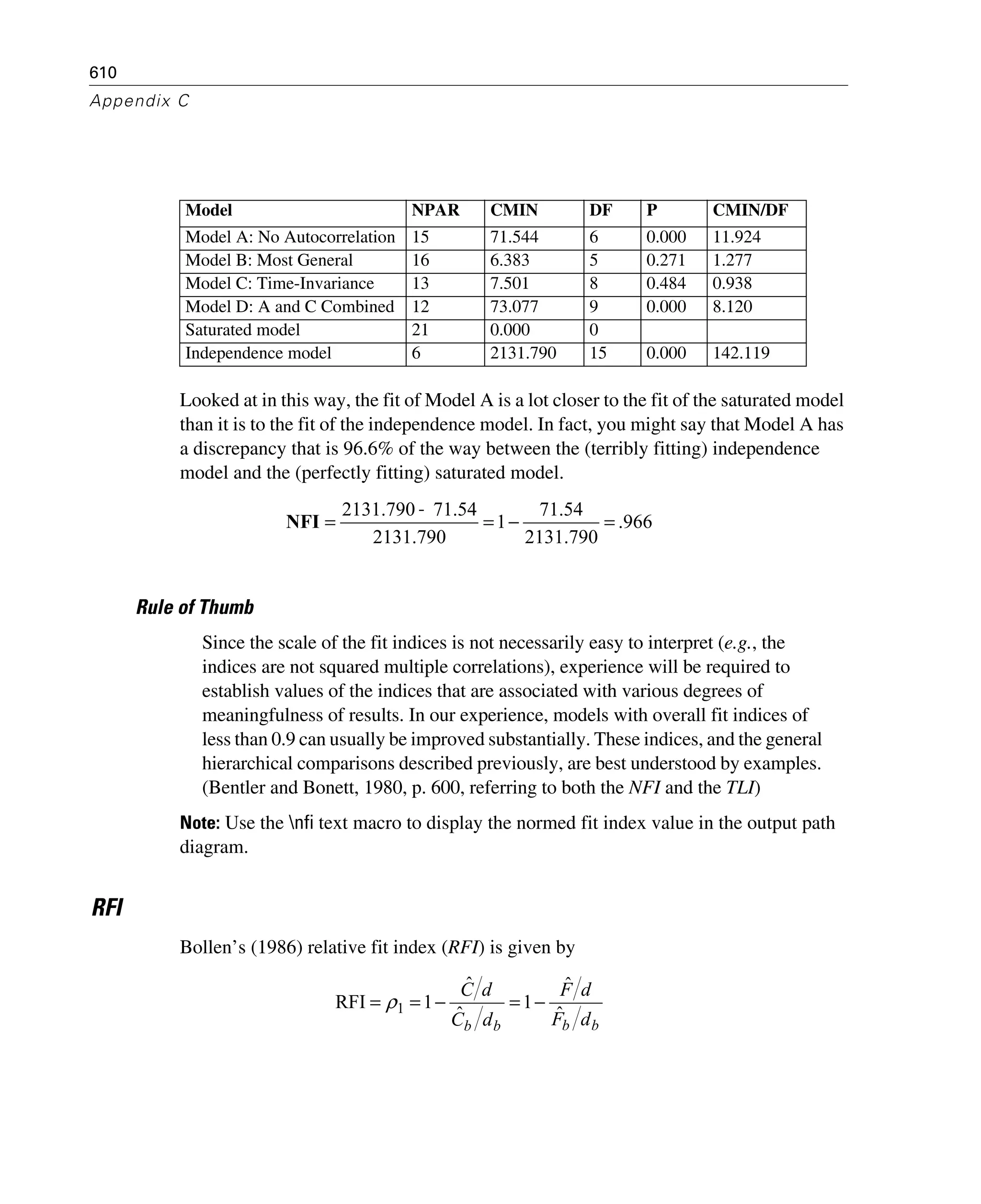 610
Appendix C
Looked at in this way, the fit of Model A is a lot closer to the fit of the saturated model
than it is to the fit of the independence model. In fact, you might say that Model A has
a discrepancy that is 96.6% of the way between the (terribly fitting) independence
model and the (perfectly fitting) saturated model.
Rule of Thumb
Since the scale of the fit indices is not necessarily easy to interpret (e.g., the
indices are not squared multiple correlations), experience will be required to
establish values of the indices that are associated with various degrees of
meaningfulness of results. In our experience, models with overall fit indices of
less than 0.9 can usually be improved substantially. These indices, and the general
hierarchical comparisons described previously, are best understood by examples.
(Bentler and Bonett, 1980, p. 600, referring to both the NFI and the TLI)
Note: Use the nfi text macro to display the normed fit index value in the output path
diagram.
RFI
Bollen’s (1986) relative fit index (RFI) is given by
Model NPAR CMIN DF P CMIN/DF
Model A: No Autocorrelation 15 71.544 6 0.000 11.924
Model B: Most General 16 6.383 5 0.271 1.277
Model C: Time-Invariance 13 7.501 8 0.484 0.938
Model D: A and C Combined 12 73.077 9 0.000 8.120
Saturated model 21 0.000 0
Independence model 6 2131.790 15 0.000 142.119
966.
790.2131
54.71
1
790.2131
54.71790.2131
=−=
−
=NFI
bbbb dF
dF
dC
dC
ˆ
ˆ
1
ˆ
ˆ
1RFI 1 −=−== ρ
 