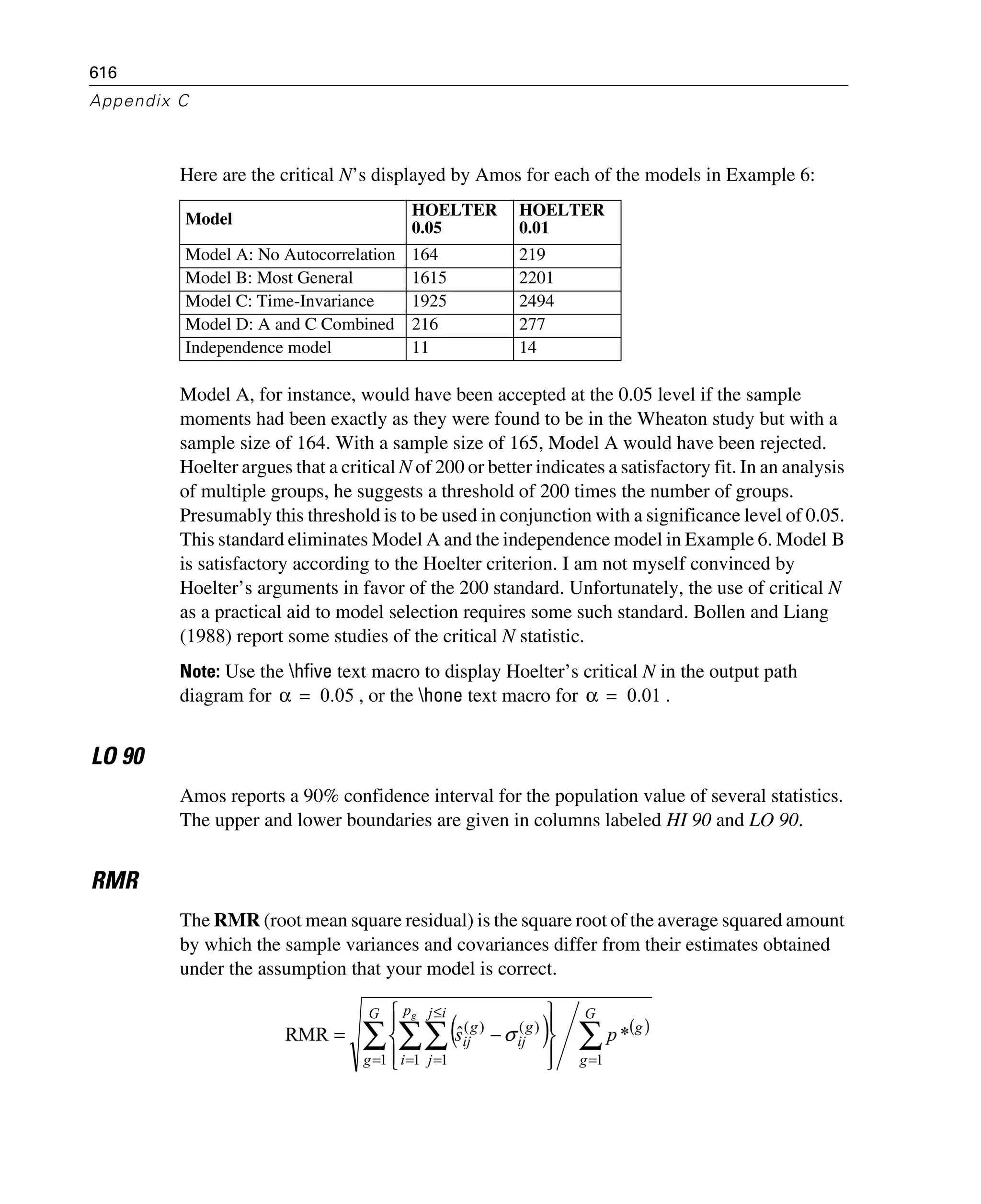 616
Appendix C
Here are the critical N’s displayed by Amos for each of the models in Example 6:
Model A, for instance, would have been accepted at the 0.05 level if the sample
moments had been exactly as they were found to be in the Wheaton study but with a
sample size of 164. With a sample size of 165, Model A would have been rejected.
Hoelter argues that a critical N of 200 or better indicates a satisfactory fit. In an analysis
of multiple groups, he suggests a threshold of 200 times the number of groups.
Presumably this threshold is to be used in conjunction with a significance level of 0.05.
This standard eliminates Model A and the independence model in Example 6. Model B
is satisfactory according to the Hoelter criterion. I am not myself convinced by
Hoelter’s arguments in favor of the 200 standard. Unfortunately, the use of critical N
as a practical aid to model selection requires some such standard. Bollen and Liang
(1988) report some studies of the critical N statistic.
Note: Use the hfive text macro to display Hoelter’s critical N in the output path
diagram for , or the hone text macro for .
LO 90
Amos reports a 90% confidence interval for the population value of several statistics.
The upper and lower boundaries are given in columns labeled HI 90 and LO 90.
RMR
The RMR (root mean square residual) is the square root of the average squared amount
by which the sample variances and covariances differ from their estimates obtained
under the assumption that your model is correct.
Model
HOELTER
0.05
HOELTER
0.01
Model A: No Autocorrelation 164 219
Model B: Most General 1615 2201
Model C: Time-Invariance 1925 2494
Model D: A and C Combined 216 277
Independence model 11 14
α 0.05= α 0.01=
( ) ( )
∑∑ ∑∑
== =
≤
= ⎪⎭
⎪
⎬
⎫
⎪⎩
⎪
⎨
⎧
−=
G
g
g
G
g
p
i
ij
j
g
ij
g
ij ps
g
11 1 1
)()(
*ˆRMR σ
 