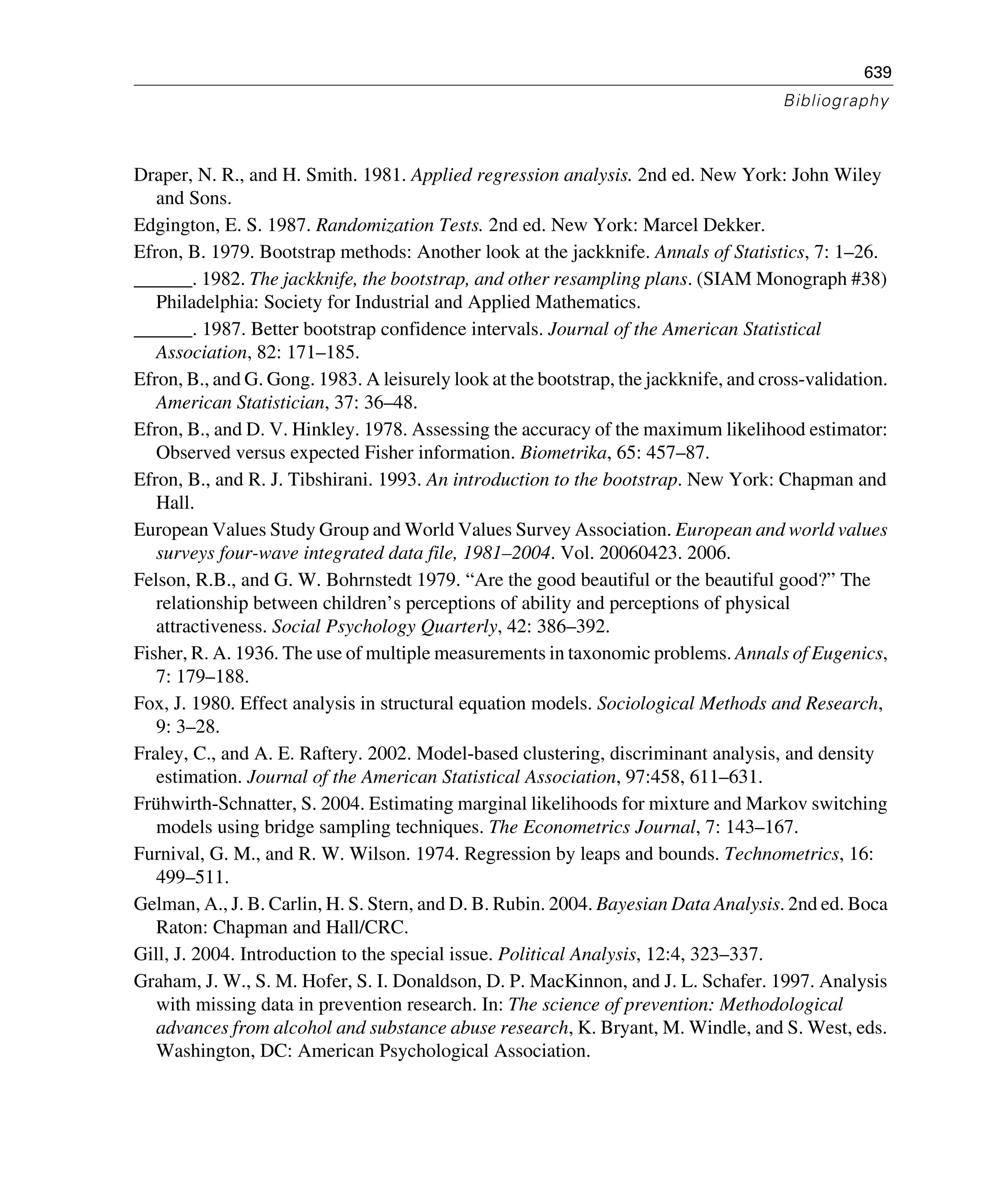 639
Bibliography
Draper, N. R., and H. Smith. 1981. Applied regression analysis. 2nd ed. New York: John Wiley
and Sons.
Edgington, E. S. 1987. Randomization Tests. 2nd ed. New York: Marcel Dekker.
Efron, B. 1979. Bootstrap methods: Another look at the jackknife. Annals of Statistics, 7: 1–26.
______. 1982. The jackknife, the bootstrap, and other resampling plans. (SIAM Monograph #38)
Philadelphia: Society for Industrial and Applied Mathematics.
______. 1987. Better bootstrap confidence intervals. Journal of the American Statistical
Association, 82: 171–185.
Efron, B., and G. Gong. 1983. A leisurely look at the bootstrap, the jackknife, and cross-validation.
American Statistician, 37: 36–48.
Efron, B., and D. V. Hinkley. 1978. Assessing the accuracy of the maximum likelihood estimator:
Observed versus expected Fisher information. Biometrika, 65: 457–87.
Efron, B., and R. J. Tibshirani. 1993. An introduction to the bootstrap. New York: Chapman and
Hall.
European Values Study Group and World Values Survey Association. European and world values
surveys four-wave integrated data file, 1981–2004. Vol. 20060423. 2006.
Felson, R.B., and G. W. Bohrnstedt 1979. “Are the good beautiful or the beautiful good?” The
relationship between children’s perceptions of ability and perceptions of physical
attractiveness. Social Psychology Quarterly, 42: 386–392.
Fisher, R. A. 1936. The use of multiple measurements in taxonomic problems. Annals of Eugenics,
7: 179–188.
Fox, J. 1980. Effect analysis in structural equation models. Sociological Methods and Research,
9: 3–28.
Fraley, C., and A. E. Raftery. 2002. Model-based clustering, discriminant analysis, and density
estimation. Journal of the American Statistical Association, 97:458, 611–631.
Frühwirth-Schnatter, S. 2004. Estimating marginal likelihoods for mixture and Markov switching
models using bridge sampling techniques. The Econometrics Journal, 7: 143–167.
Furnival, G. M., and R. W. Wilson. 1974. Regression by leaps and bounds. Technometrics, 16:
499–511.
Gelman, A., J. B. Carlin, H. S. Stern, and D. B. Rubin. 2004. Bayesian Data Analysis. 2nd ed. Boca
Raton: Chapman and Hall/CRC.
Gill, J. 2004. Introduction to the special issue. Political Analysis, 12:4, 323–337.
Graham, J. W., S. M. Hofer, S. I. Donaldson, D. P. MacKinnon, and J. L. Schafer. 1997. Analysis
with missing data in prevention research. In: The science of prevention: Methodological
advances from alcohol and substance abuse research, K. Bryant, M. Windle, and S. West, eds.
Washington, DC: American Psychological Association.
 