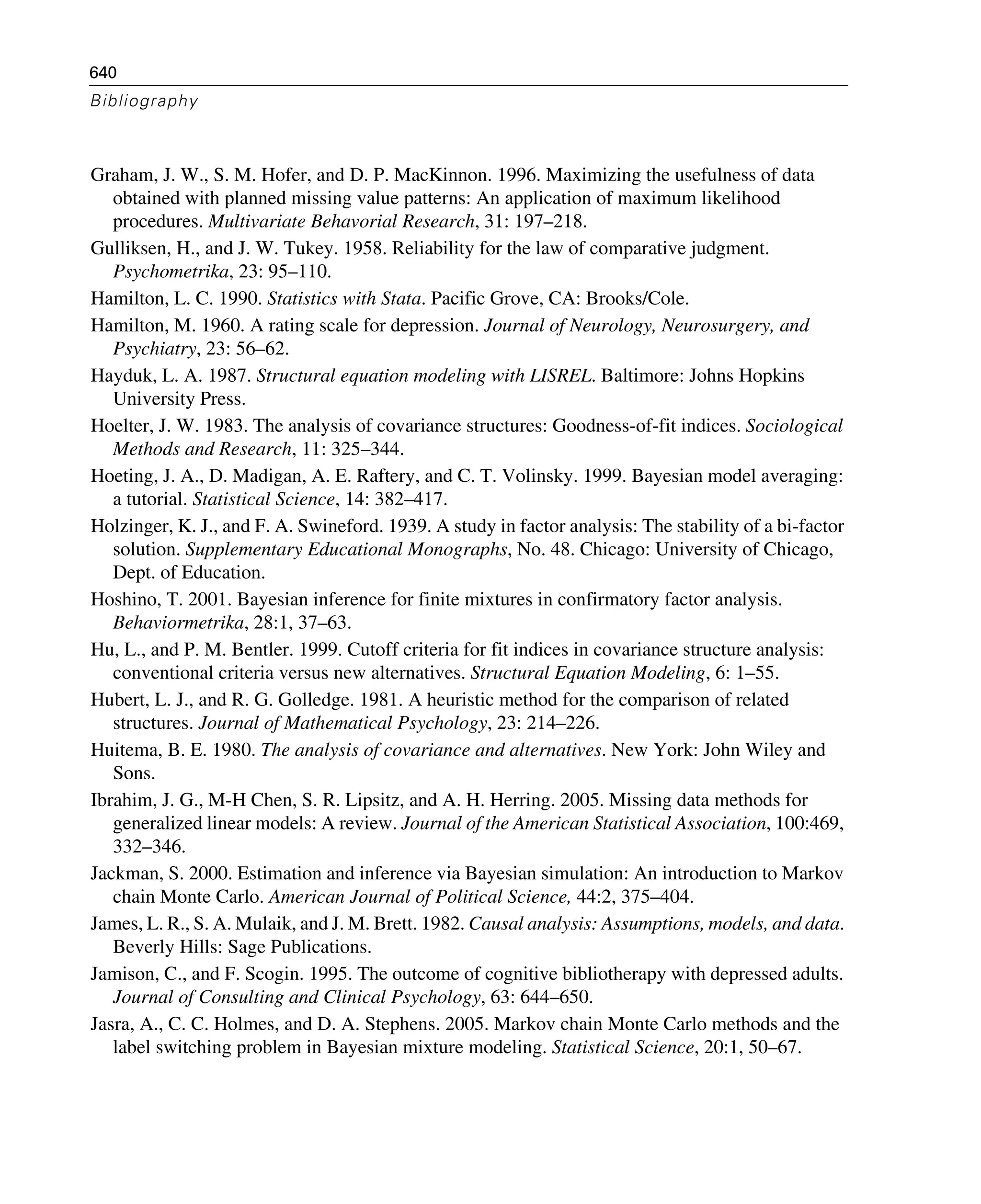 640
Bibliography
Graham, J. W., S. M. Hofer, and D. P. MacKinnon. 1996. Maximizing the usefulness of data
obtained with planned missing value patterns: An application of maximum likelihood
procedures. Multivariate Behavorial Research, 31: 197–218.
Gulliksen, H., and J. W. Tukey. 1958. Reliability for the law of comparative judgment.
Psychometrika, 23: 95–110.
Hamilton, L. C. 1990. Statistics with Stata. Pacific Grove, CA: Brooks/Cole.
Hamilton, M. 1960. A rating scale for depression. Journal of Neurology, Neurosurgery, and
Psychiatry, 23: 56–62.
Hayduk, L. A. 1987. Structural equation modeling with LISREL. Baltimore: Johns Hopkins
University Press.
Hoelter, J. W. 1983. The analysis of covariance structures: Goodness-of-fit indices. Sociological
Methods and Research, 11: 325–344.
Hoeting, J. A., D. Madigan, A. E. Raftery, and C. T. Volinsky. 1999. Bayesian model averaging:
a tutorial. Statistical Science, 14: 382–417.
Holzinger, K. J., and F. A. Swineford. 1939. A study in factor analysis: The stability of a bi-factor
solution. Supplementary Educational Monographs, No. 48. Chicago: University of Chicago,
Dept. of Education.
Hoshino, T. 2001. Bayesian inference for finite mixtures in confirmatory factor analysis.
Behaviormetrika, 28:1, 37–63.
Hu, L., and P. M. Bentler. 1999. Cutoff criteria for fit indices in covariance structure analysis:
conventional criteria versus new alternatives. Structural Equation Modeling, 6: 1–55.
Hubert, L. J., and R. G. Golledge. 1981. A heuristic method for the comparison of related
structures. Journal of Mathematical Psychology, 23: 214–226.
Huitema, B. E. 1980. The analysis of covariance and alternatives. New York: John Wiley and
Sons.
Ibrahim, J. G., M-H Chen, S. R. Lipsitz, and A. H. Herring. 2005. Missing data methods for
generalized linear models: A review. Journal of the American Statistical Association, 100:469,
332–346.
Jackman, S. 2000. Estimation and inference via Bayesian simulation: An introduction to Markov
chain Monte Carlo. American Journal of Political Science, 44:2, 375–404.
James, L. R., S. A. Mulaik, and J. M. Brett. 1982. Causal analysis: Assumptions, models, and data.
Beverly Hills: Sage Publications.
Jamison, C., and F. Scogin. 1995. The outcome of cognitive bibliotherapy with depressed adults.
Journal of Consulting and Clinical Psychology, 63: 644–650.
Jasra, A., C. C. Holmes, and D. A. Stephens. 2005. Markov chain Monte Carlo methods and the
label switching problem in Bayesian mixture modeling. Statistical Science, 20:1, 50–67.
 