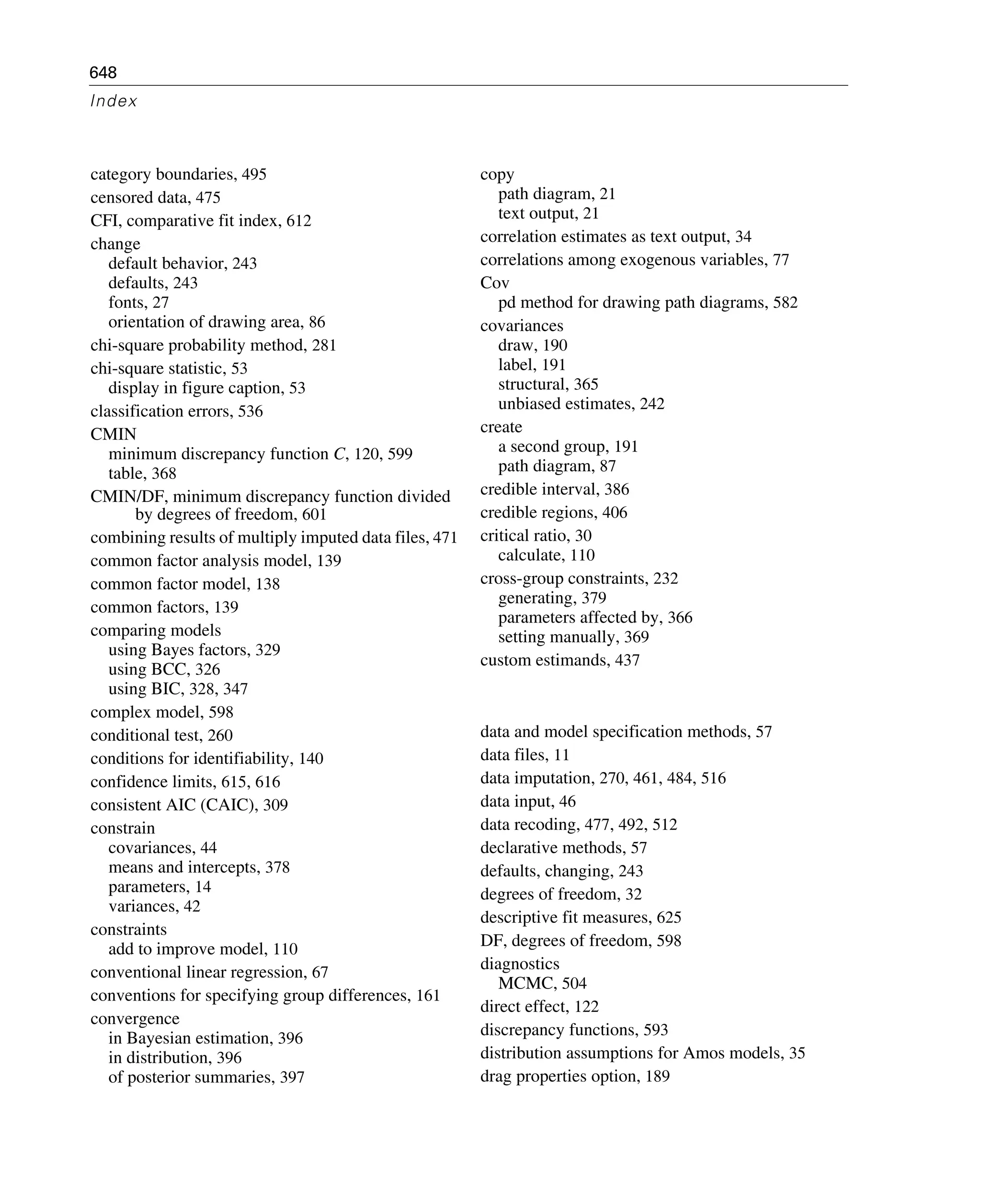 648
Index
category boundaries, 495
censored data, 475
CFI, comparative fit index, 612
change
default behavior, 243
defaults, 243
fonts, 27
orientation of drawing area, 86
chi-square probability method, 281
chi-square statistic, 53
display in figure caption, 53
classification errors, 536
CMIN
minimum discrepancy function C, 120, 599
table, 368
CMIN/DF, minimum discrepancy function divided
by degrees of freedom, 601
combining results of multiply imputed data files, 471
common factor analysis model, 139
common factor model, 138
common factors, 139
comparing models
using Bayes factors, 329
using BCC, 326
using BIC, 328, 347
complex model, 598
conditional test, 260
conditions for identifiability, 140
confidence limits, 615, 616
consistent AIC (CAIC), 309
constrain
covariances, 44
means and intercepts, 378
parameters, 14
variances, 42
constraints
add to improve model, 110
conventional linear regression, 67
conventions for specifying group differences, 161
convergence
in Bayesian estimation, 396
in distribution, 396
of posterior summaries, 397
copy
path diagram, 21
text output, 21
correlation estimates as text output, 34
correlations among exogenous variables, 77
Cov
pd method for drawing path diagrams, 582
covariances
draw, 190
label, 191
structural, 365
unbiased estimates, 242
create
a second group, 191
path diagram, 87
credible interval, 386
credible regions, 406
critical ratio, 30
calculate, 110
cross-group constraints, 232
generating, 379
parameters affected by, 366
setting manually, 369
custom estimands, 437
data and model specification methods, 57
data files, 11
data imputation, 270, 461, 484, 516
data input, 46
data recoding, 477, 492, 512
declarative methods, 57
defaults, changing, 243
degrees of freedom, 32
descriptive fit measures, 625
DF, degrees of freedom, 598
diagnostics
MCMC, 504
direct effect, 122
discrepancy functions, 593
distribution assumptions for Amos models, 35
drag properties option, 189
 