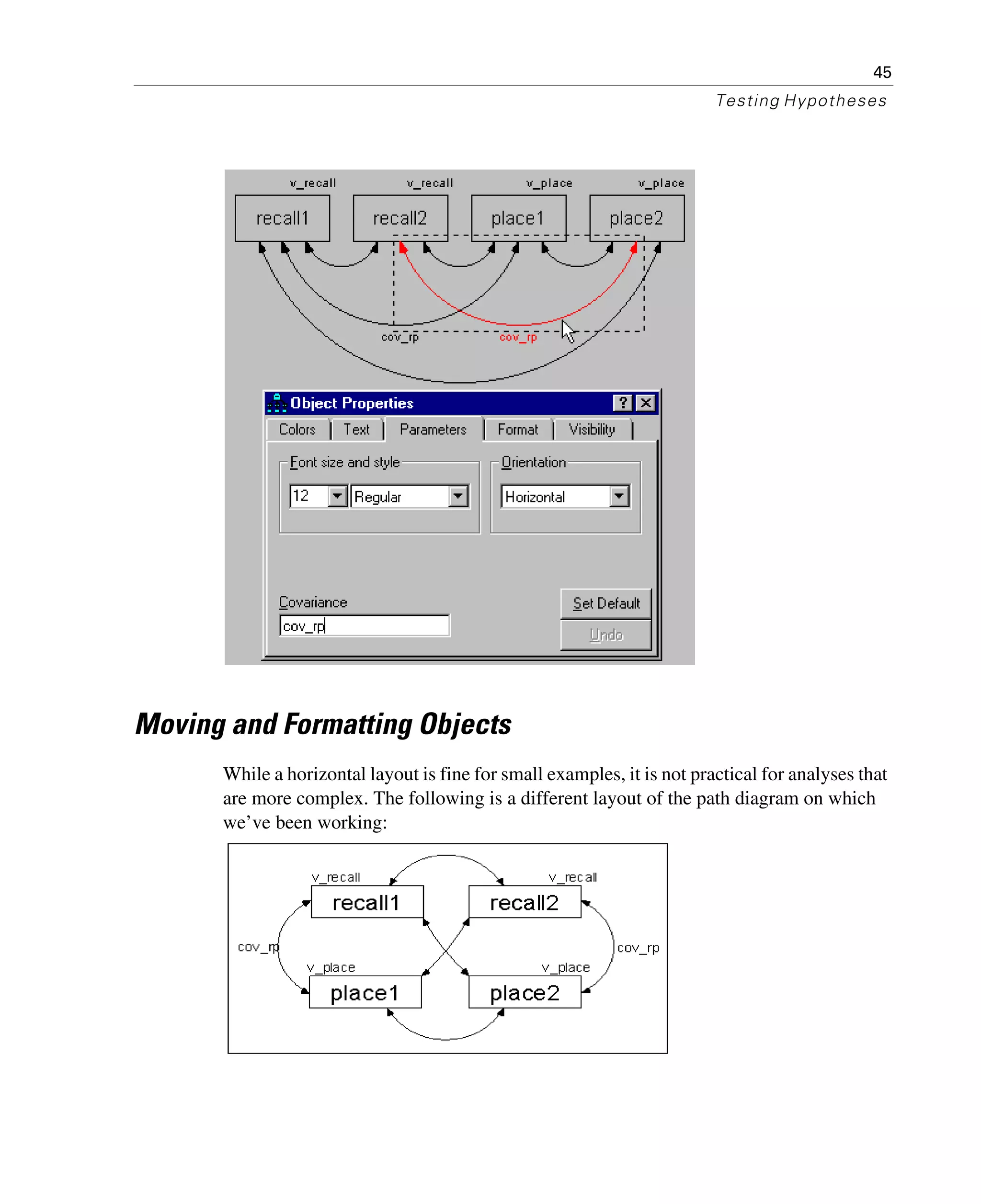 45
Testing Hypotheses
Moving and Formatting Objects
While a horizontal layout is fine for small examples, it is not practical for analyses that
are more complex. The following is a different layout of the path diagram on which
we’ve been working:
 
