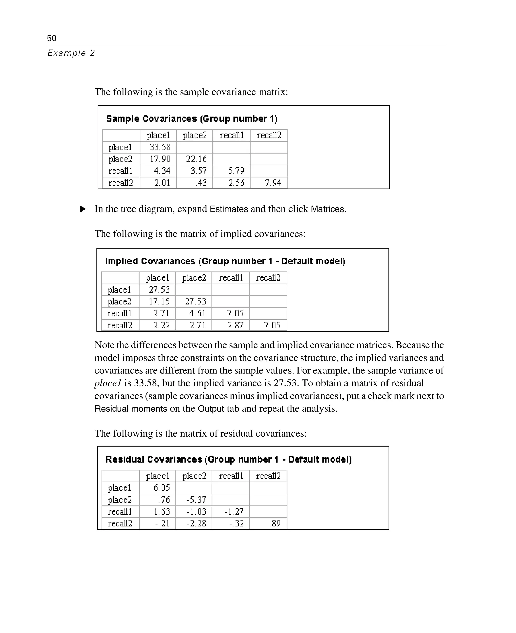50
Example 2
The following is the sample covariance matrix:
E In the tree diagram, expand Estimates and then click Matrices.
The following is the matrix of implied covariances:
Note the differences between the sample and implied covariance matrices. Because the
model imposes three constraints on the covariance structure, the implied variances and
covariances are different from the sample values. For example, the sample variance of
place1 is 33.58, but the implied variance is 27.53. To obtain a matrix of residual
covariances (sample covariances minus implied covariances), put a check mark next to
Residual moments on the Output tab and repeat the analysis.
The following is the matrix of residual covariances:
 
