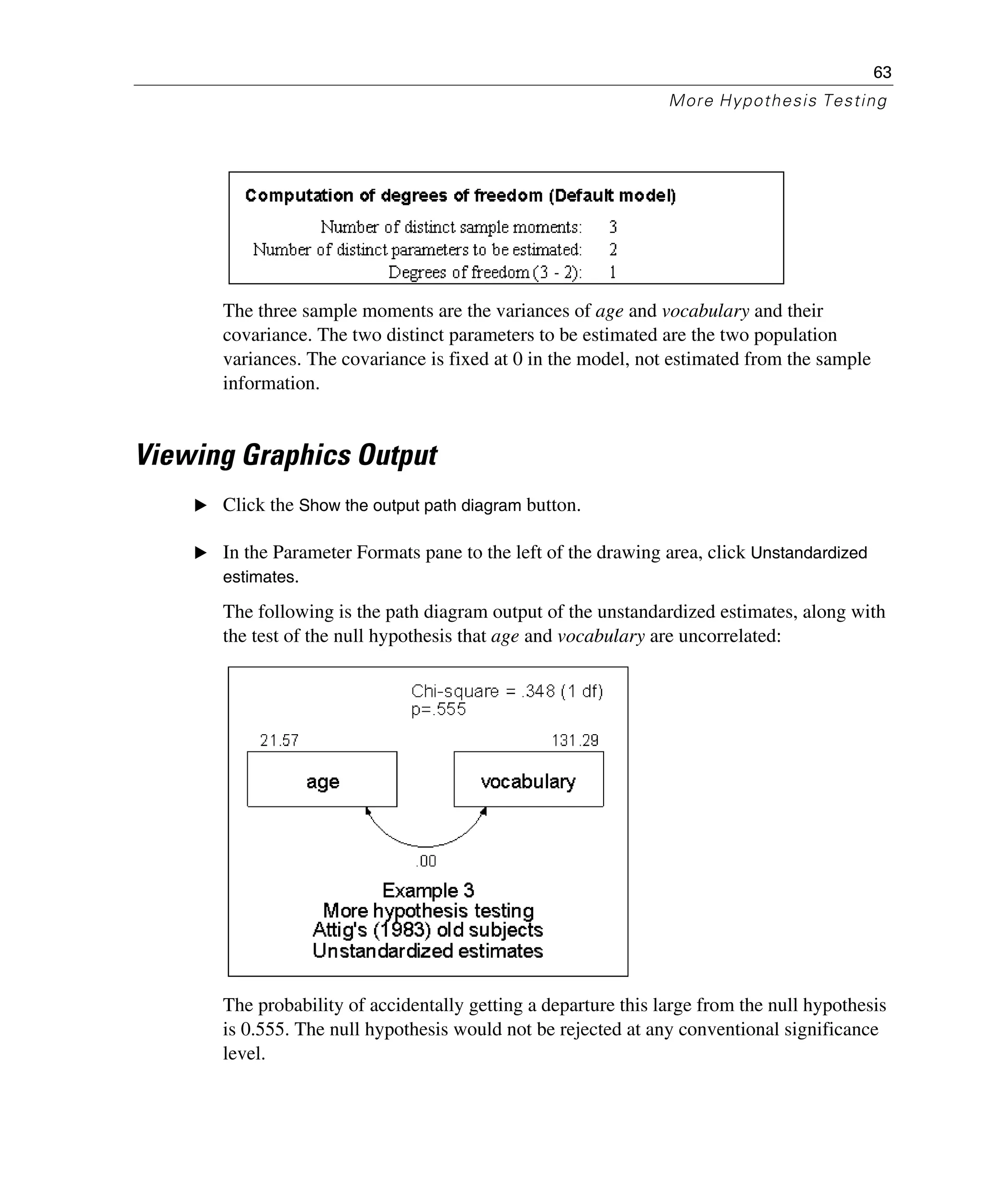 63
More Hypothesis Testing
The three sample moments are the variances of age and vocabulary and their
covariance. The two distinct parameters to be estimated are the two population
variances. The covariance is fixed at 0 in the model, not estimated from the sample
information.
Viewing Graphics Output
E Click the Show the output path diagram button.
E In the Parameter Formats pane to the left of the drawing area, click Unstandardized
estimates.
The following is the path diagram output of the unstandardized estimates, along with
the test of the null hypothesis that age and vocabulary are uncorrelated:
The probability of accidentally getting a departure this large from the null hypothesis
is 0.555. The null hypothesis would not be rejected at any conventional significance
level.
 