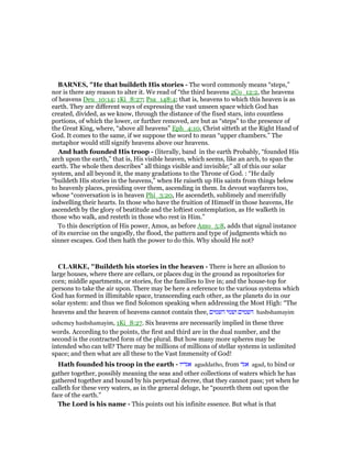 BAR ES, "He that buildeth His stories - The word commonly means “steps,”
nor is there any reason to alter it. We read of “the third heavens 2Co_12:2, the heavens
of heavens Deu_10:14; 1Ki_8:27; Psa_148:4; that is, heavens to which this heaven is as
earth. They are different ways of expressing the vast unseen space which God has
created, divided, as we know, through the distance of the fixed stars, into countless
portions, of which the lower, or further removed, are but as “steps” to the presence of
the Great King, where, “above all heavens” Eph_4:10, Christ sitteth at the Right Hand of
God. It comes to the same, if we suppose the word to mean “upper chambers.” The
metaphor would still signify heavens above our heavens.
And hath founded His troop - (literally, band in the earth Probably, “founded His
arch upon the earth,” that is, His visible heaven, which seems, like an arch, to span the
earth. The whole then describes” all things visible and invisible;” all of this our solar
system, and all beyond it, the many gradations to the Throne of God. : “He daily
“buildeth His stories in the heavens,” when He raiseth up His saints from things below
to heavenly places, presiding over them, ascending in them. In devout wayfarers too,
whose “conversation is in heaven Phi_3:20, He ascendeth, sublimely and mercifully
indwelling their hearts. In those who have the fruition of Himself in those heavens, He
ascendeth by the glory of beatitude and the loftiest contemplation, as He walketh in
those who walk, and resteth in those who rest in Him.”
To this description of His power, Amos, as before Amo_5:8, adds that signal instance
of its exercise on the ungodly, the flood, the pattern and type of judgments which no
sinner escapes. God then hath the power to do this. Why should He not?
CLARKE, "Buildeth his stories in the heaven - There is here an allusion to
large houses, where there are cellars, or places dug in the ground as repositories for
corn; middle apartments, or stories, for the families to live in; and the house-top for
persons to take the air upon. There may be here a reference to the various systems which
God has formed in illimitable space, transcending each other, as the planets do in our
solar system: and thus we find Solomon speaking when addressing the Most High: “The
heavens and the heaven of heavens cannot contain thee, ‫השמים‬ ‫ושמי‬ ‫השמים‬ hashshamayim
ushemey hashshamayim, 1Ki_8:27. Six heavens are necessarily implied in these three
words. According to the points, the first and third are in the dual number, and the
second is the contracted form of the plural. But how many more spheres may be
intended who can tell? There may be millions of millions of stellar systems in unlimited
space; and then what are all these to the Vast Immensity of God!
Hath founded his troop in the earth - ‫אגדיו‬ aguddatho, from ‫אגד‬ agad, to bind or
gather together, possibly meaning the seas and other collections of waters which he has
gathered together and bound by his perpetual decree, that they cannot pass; yet when he
calleth for these very waters, as in the general deluge, he “poureth them out upon the
face of the earth.”
The Lord is his name - This points out his infinite essence. But what is that
 