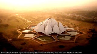 The Lotus Temple, dotted with pigeons at sunrise. Designed by an Iranian exile, the building serves as the centre of the Bahai'i faith in Delhi.
 