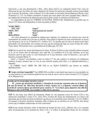 82
hipocresía, y aun una abominación a Dios. ¡Dios desea motivo, no solamente forma! Este verso no
demuestra de que las tribus del norte adoptaron las formas de adoración (ejemplo música desarrollada
por el gremio de profetas, véase I Samuel 10:5) del templo en Jerusalén (desarrollada por David, véase
II Samuel 6:5, 15). Los líderes (Jeroboam I) quería que estos altares del norte (ejemplo Dan y Betel) a
que duplicaran las técnicas de adoración para que la gente común no sintieran una diferencia.
Es sorprendente de que los VERBOS son PLURAL SINGULAR. Simplemente es posible que en
Amos 5:23 Amos está dirigiéndose al sumo sacerdote en Betel.
NASB, NRSV,
TEV, NIV “arpas”
NKJV, NET “instrumentos de cuerda”
NJB “liras”
REB, JPSOA “laúd”
Así como demuestra la cantidad de traducciones inglesas, los modernos no conocen que clase de
instrumentos de cuerda son a los que se referían. Para anotar el número de otros instrumentos se asocia
con frecuencia con el ver II Samuel 6:5 y Salmos 92:3. Es posible que las fotos de pared asiria haya
presentado este instrumento con cuerdas con una caja de resonancias algo así como el bajo del violín.
Véase James. M Freeman Usos y costumbres de la biblia pág. 221-222.
5:24 Este es una de los versos más famosos en Amos. El deseo de Dios es que su pueblo enfoca en quien
es el, no en ciertos días de adoración, sino cada día. La verdadera fe es lo que miramos, no lo que
hacemos; pero lo que somos se verá claramente en lo que hacemos, como lo hacemos, y por qué lo
hacemos, (ejemplo Mateo 7).
“justo” y “justicia” son paralelos, como en Amos 5:7. En este contexto se refieren a la obediencia
humana al pacto mosaico que se vive en una relación propia entre Dios y el adorador/adoración y
adorador.
El VERBO “corra” (BDB 146, KB 193) es un Niphal JUSSIVO, que denota un sentido
IMPERATIVO.
“como corriente inagotable” Este (BDB 450) se refiere a una fuente que nunca se seca (ejemplo no
es estacionaria). Es una metáfora poderosa de una vida de una fe activa (véase Jeremías 22:3; Ezequiel
45:9; Miqueas 6:8).
NASB (ACTUALIZADO) TEXTO: 5:25-27
25 ¿Acaso me ofrecisteis sacrificios y ofrendas de cereal por cuarenta años en el desierto,
oh casa de Israel? 26 Más bien, llevasteis a Sicut, vuestro rey, y a Quiyún, vuestros ídolos, la
estrella de vuestros dioses que hicisteis para vosotros. 27 Yo os haré, pues, deportar más allá de
Damasco--dice el SEÑOR, cuyo nombre es Dios de los ejércitos.
5:25 Es una frase muy difícil de interpretar. Puede ser una pregunta (viene de Amos 5:25) o una
afirmación (uniéndolo a Amos 5:27, véase TEV). Existen dos líneas de interpretación: (1) Amos está
afirmando que los hijos de Israel no hicieron sacrificios en la montaña (véase Jeremías 7:21-22 y NJB) o
(2) aunque sí hicieron sacrificios limitados (JB), el objeto de su sacrificio no era YHVH, sino dioses
asirios que lo estaban conduciendo al exilio (sarcasmo).
5:26 Existe mucha discusión sobre el elemento de tiempo de este verso. ¿Refiere esto a los cuarenta
años de peregrinaje en la montaña de Amos 5:25 o se refiere al peregrinaje futuro de los exiliados
 