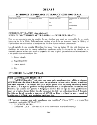 149
OSEAS 3
DIVISIONES DE PARRAFOS DE TRADUCCIONES MODERNAS
NKJV NRSV TEV NJB
Israel regresara a Dios
3:1-5
La restauración de Gomer
3:1-5
Oseas y la mujer infiel
3:1
3:2-5
Segundo relato del matrimonio de
Oseas
3:1-3
La explicación
3:4-5
CICLO DE LECTURA TRES (véase página xix)
SEGÚN EL PROPÓSITO DEL AUTOR ORIGINAL AL NIVEL DE PÁRRAFOS
Este es un comentario-guía de estudio, lo que significa que usted es responsable de su propia
interpretación de la Biblia. Todos debemos caminar a luz de lo que tenemos. Usted, la Biblia y el
Espíritu Santo son prioridad en la interpretación. No debe dejarle esto a un comentarista.
Lea el capítulo de una sentada. Identifique los temas (ciclo de lectura #3 pág. vii). Compare sus
divisiones de temas con las cuatro traducciones modernas arriba. La formación de párrafos no es
inspirada, pero es la clave para seguir el propósito del autor original, que es la base de la interpretación.
Cada párrafo tiene solamente un tema.
1. Primer párrafo
2. Segundo párrafo
3. Tercer párrafo
4. Etc.
ESTUDIO DE PALABRA Y FRASE
NASB (ACTUALIZADO) TEXTO: 3:1-5
1 Y el SEÑOR me dijo: Ve otra vez, ama a una mujer amada por otro y adúltera, así como
el SEÑOR ama a los hijos de Israel a pesar de que ellos se vuelven a otros dioses y se deleitan
con tortas de pasas. 2 La compré, pues, para mí por quince siclos de plata y un homer y medio
de cebada. 3 Y le dije: Te quedarás conmigo por muchos días. No te prostituirás, ni serás de otro
hombre, y yo también seré para ti. 4 Porque por muchos días los hijos de Israel quedarán sin
rey y sin príncipe, sin sacrificio y sin pilar sagrado, y sin efod y sin ídolos domésticos. 5 Después
los hijos de Israel volverán y buscarán al SEÑOR su Dios y a David su rey; y acudirán
temblorosos al SEÑOR y a su bondad en los últimos días.
3:1 “Ve otra vez, ama a una mujer amada por otro y adúltera” ¡Fíjense YHVH es el orador! Este
verso inicia con dos Qal IMPERATIVOS.
1. Ve (BDB 229, KB 246)
2. Ama (BDB 12, KB 17 [este VERBO es usado cuatro veces en este único verso])
 