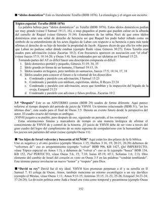 152
“ídolos domésticos” Esto es literalmente Terafin (BDB 1076). La etimología y el origen son incierto.
Tópico especial: Terafin (BDB 1076)
La palabra hebrea para “ídolos domésticos” es Terafin (BDB 1076). Estos ídolos domésticos podían
ser muy grande (véase I Samuel 19:13, 16), o muy pequeños al punto que pueden calzar en la albarda
del camello de Raquel (véase Génesis 31:34). Entendemos de las tablas Nuzi de que estos ídolos
domésticos eran una señal de derecho de herencia así que Raquel los pudo haber robado como un
símbolo de su entendimiento de los actos ilegales de Laban con respecto a su herencia o para más tarde
afirmas el derecho de su hijo de heredar la propiedad de Jacob. Algunos dicen de que ella los robo para
que Laban no pudiese saber dónde estaban (ejemplo Rashi véase Génesis 30:27). Estos Terafin eran
usados para adivinación (véase Zacarías 10:2). Con frecuencia aparecen en asociación con “el efod”
(véase Jueces 17:5; 18:14-20; y Oseas 3:4). Son condenados por ser idolatras en I Samuel 15:23.
Tomando partes del AT es difícil hacer una descripción compuesta es difícil:
1. Ídolo domestico portátil y pequeño, Génesis 31:19, 34, 35
2. Ídolo grande en forma de un humano, I Samuel 19:13, 16
3. Ídolos usados en hogares, pero también en santuarios, Jueces 17:5; 18:14, 17, 18
4. Ídolos usados para conocer el futuro o la voluntad de los dioses/dios
a. Condenado y paralelo con adivinación, I Samuel 15:23
b. Condenado y paralelo con médium, espiritistas, ídolos, II Reyes 23:24
c. Condenado y paralelo con adivinación, arcos que tiemblan y la inspección del hígado de la
oveja, Ezequiel 21:21
d. Condenado y paralelo con adivinos y falsos profetas, Zacarías 10:2.
3:5 “Después” Este es un ADVERBIO común (BDB 29) usados de forma diferente. Aquí parece
referirse al tiempo después del periodo de juicio de YHVH. Un término relacionado (BDB 31), “en los
últimos días”, esta usado para el final de Oseas 3:5. Denota un evento futuro desde la perspectiva del
autor. El cuadro exacto del tiempo es ambiguo.
¡YHVH juzgara a su pueblo, pero después de eso, siguiendo un periodo, el los restaurara!
Estas orientaciones futuras y marcadores de tiempo es una manera teológica de afirmar el
conocimiento de YHVH de y control de la historia. ¡El juicio de YHVH debe de ser visto a través del
gran cuadro del logro del cumplimiento de su meta suprema de compañerismo con la humanidad! Aun
los juicios son parientes del amor (véase ejemplo Oseas 11).
“los hijos de Israel volverán y buscarán al SEÑOR” Aquí están los dos pilares de la fe bíblica.
Uno es negativo y el otro positivo (ejemplo Marcos 1:15; Hechos 3:16, 19; 20:21; 26:20) debemos de
“volvernos de”- eso es arrepentimiento (ejemplo “volver” BDB 996, KB 1427, Qal IMPERFECTO,
véase Tópico especial en Amos 1:3), y debemos de “volver a”- eso es fe (ejemplo “busca” BDB 134,
KB 152, Piel PERFECTO, véase Oseas 5:6, 15; 7:10; Isaías 45:19; 65:1; Sofonías 1:6; 2:3). Otro
elemento del cambio de Israel del corazón es visto en Oseas 3:5 en las palabras “vendrán temblando”.
Este término parece involucrar un nuevo “temor” y “respeto” para Dios.
“David su rey” David fue el rey ideal. YHVH hizo promesas perpetuas a él y su semilla en II
Samuel 7. El colega de Oseas, Amos, también menciona un retorno escatológico a un rey davídico
(ejemplo el Mesías, véase Oseas 1:11; Amos 9:11-15; Jeremías 33:15, 21-22, 25-26; Ezequiel 34:23-24;
37:24-28). La división política entre Judá e Israel era vista como temporal y pecaminosa (ejemplo Oseas
 