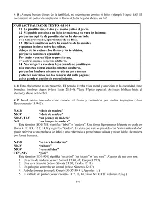 160
4:10 ¡Aunque buscan dioses de la fertilidad, no encontraran comida ni hijos (ejemplo Hageo 1:6)! El
crecimiento de población implicado en Oseas 4:7a ha llegado ahora a su fin!
NASB (ACTUALIZADO) TEXTO: 4:11-14
11 La prostitución, el vino y el mosto quitan el juicio.
12 Mi pueblo consulta a su ídolo de madera, y su vara les informa;
porque un espíritu de prostitución los ha descarriado,
y se han prostituido, apartándose de su Dios.
13 Ofrecen sacrificios sobre las cumbres de los montes
y queman incienso sobre las colinas,
debajo de las encinas, los álamos y los terebintos,
porque su sombra es agradable.
Por tanto, vuestras hijas se prostituyen,
y vuestras nueras cometen adulterio.
14 No castigaré a vuestras hijas cuando se prostituyan
ni a vuestras nueras cuando cometan adulterio,
porque los hombres mismos se retiran con rameras
y ofrecen sacrificios con las rameras del culto pagano;
así se pierde el pueblo sin entendimiento.
4:11 Esto obviamente es un proverbio. El pecado le roba vista moral y acarician en la oscuridad como
borracho, hombres ciegos (véase Isaías 28:1-4). Véase Tópico especial: Actitudes bíblicas hacia el
alcohol y abuso del alcohol.
4:12 Israel estaba buscando como conocer el futuro y controlarlo por medios impropios (véase
Deuteronomio 18:9-13).
NASB “ídolo de madera”
NKJV “ídolo de madera”
NRSV, TEV “un pedazo de madera”
NJB “un bloque de madera”
Este término (BDB 781) significa “árbol” o “madera”. Una forma ligeramente diferente es usada en
Oseas 4:17; 8:4; 13:2; 14:8 y significa “ídolos”. En vista que esto es paralelo con “vara/varita/callado”
puede referirse a una profecía de árbol o una referencia a poste/estaca tallada y no un ídolo de madera
con forma humana.
NASB “su vara les informa”
NKJV “callado”
NRSV “vara adivina”
TEV, NJV “palo”
Este término (BDB 956) significa “un árbol” “un báculo” o “una vara”. Algunos de sus usos son:
1. Un arma de madera (véase I Samuel 17:40, 43; Ezequiel 29:9)
2. Una vara de andar (véase Génesis 23:20; Éxodos 12:11)
3. Un palo para controlar un animal (véase Números 22:27)
4. Arboles jóvenes (ejemplo Génesis 30:37-39, 41; Jeremías 1:1)
5. El callado del pastor (véase Zacarías 11:7, 10, 14, véase NIDOTTE volumen 2 pág.)
 
