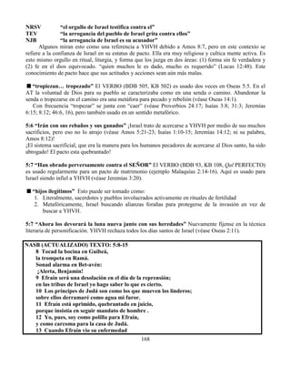 168
NRSV “el orgullo de Israel testifica contra el”
TEV “la arrogancia del pueblo de Israel grita contra ellos”
NJB “la arrogancia de Israel es su acusador”
Algunos miran esto como una referencia a YHVH debido a Amos 8:7, pero en este contexto se
refiere a la confianza de Israel en su estatus de pacto. Ella era muy religiosa y cultica mente activa. Es
esto mismo orgullo en ritual, liturgia, y forma que los juzga en dos áreas: (1) forma sin fe verdadera y
(2) fe en el dios equivocado. “quien muchos le es dado, mucho es requerido” (Lucas 12:48). Este
conocimiento de pacto hace que sus actitudes y acciones sean aún más malas.
“tropiezan… tropezado” El VERBO (BDB 505, KB 502) es usado dos veces en Oseas 5:5. En el
AT la voluntad de Dios para su pueblo se caracterizaba como en una senda o camino. Abandonar la
senda o tropezarse en el camino era una metáfora para pecado y rebelión (véase Oseas 14:1).
Con frecuencia “tropezar” se junta con “caer” (véase Proverbios 24:17; Isaías 3:8; 31:3; Jeremías
6:15; 8:12; 46:6, 16), pero también usado en un sentido metafórico.
5:6 “Irán con sus rebaños y sus ganados” ¡Israel trato de acercarse a YHVH por medio de sus muchos
sacrificios, pero eso no lo atrajo (véase Amos 5:21-23; Isaías 1:10-15; Jeremías 14:12; ni su palabra,
Amos 8:12)!
¡El sistema sacrificial, que era la manera para los humanos pecadores de acercarse al Dios santo, ha sido
abrogado! El pacto esta quebrantado!
5:7 “Han obrado perversamente contra el SEÑOR” El VERBO (BDB 93, KB 108, Qal PERFECTO)
es usado regularmente para un pacto de matrimonio (ejemplo Malaquías 2:14-16). Aquí es usado para
Israel siendo infiel a YHVH (véase Jeremías 3:20).
“hijos ilegítimos” Esto puede ser tomado como:
1. Literalmente, sacerdotes y pueblos involucrados activamente en rituales de fertilidad
2. Metafóricamente, Israel buscando alianzas forañas para protegerse de la invasión en vez de
buscar a YHVH.
5:7 “Ahora los devorará la luna nueva junto con sus heredades” Nuevamente fíjense en la técnica
literaria de personificación. YHVH rechaza todos los días santos de Israel (véase Oseas 2:11).
NASB (ACTUALIZADO) TEXTO: 5:8-15
8 Tocad la bocina en Guibeá,
la trompeta en Ramá.
Sonad alarma en Bet-avén:
¡Alerta, Benjamín!
9 Efraín será una desolación en el día de la reprensión;
en las tribus de Israel yo hago saber lo que es cierto.
10 Los príncipes de Judá son como los que mueven los linderos;
sobre ellos derramaré como agua mi furor.
11 Efraín está oprimido, quebrantado en juicio,
porque insistía en seguir mandato de hombre .
12 Yo, pues, soy como polilla para Efraín,
y como carcoma para la casa de Judá.
13 Cuando Efraín vio su enfermedad
 