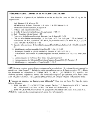 172
5:15 Este verso presenta un rayo de esperanza para el arrepentimiento y la restauración, pero aun así es
condicional (véase Oseas 2:7). Refleja las malas nuevas/buenas nuevas de Deuteronomio 4:25-31. Hasta
que reconocen su culpabilidad el VERBO (BDB 79, KB 95, Qal IMPERFECTO) significa “ser
culpable” (ejemplo culpabilidad debido a las violaciones del pacto, que demanda juicio, véase Oseas
5:15; 10:2; 13:16; Salmos 34:21-22; Isaías 24:6; Jeremías 2:3; Ezequiel 6:6; Joel 1:18; Zacarías 11:5).
“busquen mi rostro… me buscarán con diligencia” Véase nota en Oseas 3:5. Hay dos raíces
hebreas diferentes.
1. BDB 134, KB 152, Piel PERFECTO, ejemplo Éxodos 23:7; Deuteronomio 4:29; I Crónicas
16:11; II Crónicas 7:14; Oseas 3:5; 5:6; 7:10; Amos 8:12; Sofonías 1:6; 2:3
2. BDB 1007, KB 1465, Piel PERFECTO, ejemplo PROVERBIOS 8:17; Isaías 26:9; Oseas 5:15.
¡YHVH los busco ero ellos nunca regresaron! Ahora ellos le buscan a Él.
TÓPICO ESPECIAL: LEONES EN EL ANTIGUO TESTAMENTO
Con frecuencia el poder de un individuo o nación se describe como un león, el rey de los
depredadores.
1. Judá, Génesis 49:9; Miqueas 5:8
2. YHWH a favor de Israel, Números 24:9; Isaías 31:4; 35:9; Oseas 11:10
3. Israel como un león derrotado, Ezequiel 19
4. Tribu de Dan, Deuteronomio 33:22
5. El poder de David sobre los leones, 1ra. de Samuel 17:34-37)
6. Saúl y Jonathan, 2da. de Samuel 1:23
7. Protectores simbólicos del trono de Salomón, 1ra. de Reyes 10:19-20
8. Dios usa a los leones como castigo, 1ra. de Reyes 13-20; 2da. de Reyes 17:25-26; Isaías 15:9;
Metáfora en Job 4:10 y Jeremías 2:30; 49:19, 44; Lamentaciones 3:10; Amós 3:4, 8, 12; 5:19;
Oseas 5:14; 13:7-8; Nahúm 2:11-12.
9. Describe a los enemigos de David de los cuales Dios lo librará, Salmos 7:2; 10:9; 17:12; 22:13,
21
10. Metáfora para mal no conocido, Proverbios 22:13; 26:13; 28:15
11. Se usa para describir al ejército babilónico, Jeremías 4:7; 49:19-22; 51:38
12. El ejército de las naciones en contra del pueblo de Dios, Jeremías 5:6; 25:32-38; 50:17; Joel
1:6
13. La manera como el pueblo de Dios trata a Dios, Jeremías 12:8
14. La manera como los líderes de Dios tratan a la gente, Ezequiel 22:25; Zacarías 3:3
15. Metáfora para el enojo del rey, Proverbios 19:12; 20:2
 