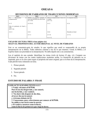 173
OSEAS 6
DIVISIONES DE PARRAFOS DE TRADUCCIONES MODERNAS
NKJV NRSV TEV NJB
Un llamamiento al
arrepentimiento
6:1-3
Falta de penitencia de Israel y
Judá
(6:4-7:10)
6:4-11
Debido a la rebelión constante el
juicio del SEÑOR esta sobre Israel
(4:1-14:9)
(5:15-6:3)
6:4-6
6:7-11
Falta de arrepentimiento sincero de
la gente
(6:1-7:2)
6:1-3
6:4-6
6:7-10
6:11-7:2
La respuesta israelita
6:1-6
Desorden en Israel
6:7-7:2
CICLO DE LECTURA TRES (véase página xix)
SEGÚN EL PROPÓSITO DEL AUTOR ORIGINAL AL NIVEL DE PÁRRAFOS
Este es un comentario-guía de estudio, lo que significa que usted es responsable de su propia
interpretación de la Biblia. Todos debemos caminar a luz de lo que tenemos. Usted, la Biblia y el
Espíritu Santo son prioridad en la interpretación. No debe dejarle esto a un comentarista.
Lea el capítulo de una sentada. Identifique los temas (ciclo de lectura #3 pág. vii). Compare sus
divisiones de temas con las cuatro traducciones modernas arriba. La formación de párrafos no es
inspirada, pero es la clave para seguir el propósito del autor original, que es la base de la interpretación.
Cada párrafo tiene solamente un tema.
1. Primer párrafo
2. Segundo párrafo
3. Tercer párrafo
4. Etc.
ESTUDIO DE PALABRA Y FRASE
NASB (ACTUALIZADO) TEXTO: 6:1-3
1 Venid, volvamos al SEÑOR.
Pues El nos ha desgarrado, y nos sanará;
nos ha herido, y nos vendará.
2 Nos dará vida después de dos días,
al tercer día nos levantará
y viviremos delante de El.
3 Conozcamos, pues, esforcémonos por conocer al SEÑOR.
Su salida es tan cierta como la aurora,
y El vendrá a nosotros como la lluvia,
como la lluvia de primavera que riega la tierra.
 