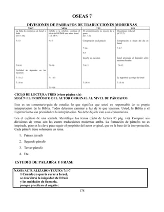 178
OSEAS 7
DIVISIONES DE PARRAFOS DE TRADUCCIONES MODERNAS
NKJV NRSV TEV NJB
La falta de penitencia de Israel y
Judá
(6:4-7:10)
7:1-3
7:8-10
Futilidad de depender en las
naciones
7:11-12
7:13-16
Debido a la rebelión continua el
juicio del SEÑOR esta sobre Israel
(4:1-14:9)
7:1-7
7:8-10
7:11-13
7:14-16
El arrepentimiento no sincero de la
gente
(6:1-7:2)
Conspiración en el palacio
7:3-6
7:7
Israel y las naciones
7:8-12
7:13-16
Desordenes en Israel
(6:7-7:2)
Conspiración el orden del día en
Israel
7:3-7
Israel arruinada al depender sobre
naciones forañas
7:8-12
La ingratitud y castigo de Israel
7:13-16
CICLO DE LECTURA TRES (véase página xix)
SEGÚN EL PROPÓSITO DEL AUTOR ORIGINAL AL NIVEL DE PÁRRAFOS
Este es un comentario-guía de estudio, lo que significa que usted es responsable de su propia
interpretación de la Biblia. Todos debemos caminar a luz de lo que tenemos. Usted, la Biblia y el
Espíritu Santo son prioridad en la interpretación. No debe dejarle esto a un comentarista.
Lea el capítulo de una sentada. Identifique los temas (ciclo de lectura #3 pág. vii). Compare sus
divisiones de temas con las cuatro traducciones modernas arriba. La formación de párrafos no es
inspirada, pero es la clave para seguir el propósito del autor original, que es la base de la interpretación.
Cada párrafo tiene solamente un tema.
1. Primer párrafo
2. Segundo párrafo
3. Tercer párrafo
4. Etc.
ESTUDIO DE PALABRA Y FRASE
NASB (ACTUALIZADO) TEXTO: 7:1-7
1 Cuando yo quería curar a Israel,
se descubrió la iniquidad de Efraín
y las maldades de Samaria,
porque practican el engaño;
 