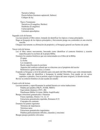 xvii
Narrativo hebreo
Poesía hebrea (literatura sapiencial, Salmos)
Códigos de ley
Nuevo Testamento
Narrativos (Evangelios, Hechos)
Parábolas (Evangelios)
Cartas/epístolas
Literatura apocalíptica
Segundo ciclo de lectura
Lea nuevamente el libro entero, tratando de identificar los tópicos o temas principales.
Haga un bosquejo de los tópicos principales y brevemente ponga sus contenidos en una oración
sencilla
Chequee nuevamente su afirmación de propósito y el bosquejo general con fuentes de ayuda
Tercer ciclo de lectura
Lee el libro entero nuevamente, buscando como identificar el contexto histórico y ocasión
específica para la escritura de la propia Biblia.
Enumere los asuntos históricos que son mencionados en el libro de la Biblia
El autor
La fecha
Los receptores
Razón específica para la escritura
Aspectos del contexto cultural que se relaciona con el propósito del escrito
Referencia a gente histórica y eventos
Expanda su bosquejo a nivel de párrafos para esta parte del libro bíblico que estás interpretando.
Siempre debes de identificar y bosquejar la unidad literaria. Esto puede ser en varios
capítulos o párrafos. Esto te permite seguir la lógica del autor original y el diseño textual.
Revise su contexto histórico al usar ayudas de estudio
Cuarto ciclo de lectura
Lea nuevamente y específicamente la unidad literaria en varias traducciones
Palabra por palabra (NKJV, NASB, NRSV)
Equivalente dinámico (TEV, JB)
Parafrasear (Biblia Viviente, Biblia Amplificada)
Busque estructuras gramaticales o literarias
Frases repetidas, Efesios 1:6, 12, 13
Estructuras gramaticales repetidas, Romanos 8:31
Conceptos de contraste
Enumere los puntos siguientes
Términos de importancia
Términos raros
Estructuras gramaticales importantes
Palabras particularmente difíciles, clausulas y oraciones
Busque pasajes paralelos relevantes
 