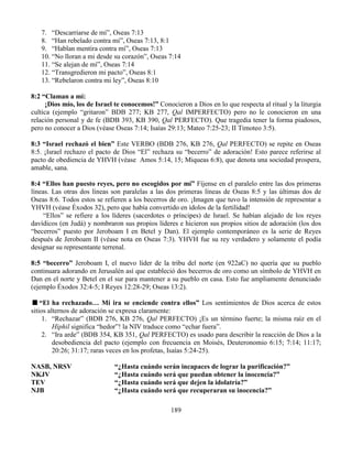 189
7. “Descarriarse de mí”, Oseas 7:13
8. “Han rebelado contra mí”, Oseas 7:13, 8:1
9. “Hablan mentira contra mí”, Oseas 7:13
10. “No lloran a mi desde su corazón”, Oseas 7:14
11. “Se alejan de mí”, Oseas 7:14
12. “Transgredieron mi pacto”, Oseas 8:1
13. “Rebelaron contra mi ley”, Oseas 8:10
8:2 “Claman a mí:
¡Dios mío, los de Israel te conocemos!” Conocieron a Dios en lo que respecta al ritual y la liturgia
cultica (ejemplo “gritaron” BDB 277; KB 277, Qal IMPERFECTO) pero no le conocieron en una
relación personal y de fe (BDB 393, KB 390, Qal PERFECTO). Que tragedia tener la forma piadosos,
pero no conocer a Dios (véase Oseas 7:14; Isaías 29:13; Mateo 7:25-23; II Timoteo 3:5).
8:3 “Israel rechazó el bien” Este VERBO (BDB 276, KB 276, Qal PERFECTO) se repite en Oseas
8:5. ¡Israel rechazo el pacto de Dios “El” rechaza su “becerro” de adoración! Esto parece referirse al
pacto de obediencia de YHVH (véase Amos 5:14, 15; Miqueas 6:8), que denota una sociedad prospera,
amable, sana.
8:4 “Ellos han puesto reyes, pero no escogidos por mí” Fíjense en el paralelo entre las dos primeras
líneas. Las otras dos líneas son paralelas a las dos primeras líneas de Oseas 8:5 y las últimas dos de
Oseas 8:6. Todos estos se refieren a los becerros de oro. ¡Imagen que tuvo la intensión de representar a
YHVH (véase Éxodos 32), pero que había convertido en ídolos de la fertilidad!
“Ellos” se refiere a los líderes (sacerdotes o príncipes) de Israel. Se habían alejado de los reyes
davídicos (en Judá) y nombraron sus propios líderes e hicieron sus propios sitios de adoración (los dos
“becerros” puesto por Jeroboam I en Betel y Dan). El ejemplo contemporáneo es la serie de Reyes
después de Jeroboam II (véase nota en Oseas 7:3). YHVH fue su rey verdadero y solamente el podía
designar su representante terrenal.
8:5 “becerro” Jeroboam I, el nuevo líder de la tribu del norte (en 922aC) no quería que su pueblo
continuara adorando en Jerusalén así que estableció dos becerros de oro como un símbolo de YHVH en
Dan en el norte y Betel en el sur para mantener a su pueblo en casa. Esto fue ampliamente denunciado
(ejemplo Éxodos 32:4-5; I Reyes 12:28-29; Oseas 13:2).
“El ha rechazado… Mi ira se enciende contra ellos” Los sentimientos de Dios acerca de estos
sitios alternos de adoración se expresa claramente:
1. “Rechazar” (BDB 276, KB 276, Qal PERFECTO) ¡Es un término fuerte; la misma raíz en el
Hiphil significa “hedor”! la NIV traduce como “echar fuera”.
2. “Ira arde” (BDB 354, KB 351, Qal PERFECTO) es usado para describir la reacción de Dios a la
desobediencia del pacto (ejemplo con frecuencia en Moisés, Deuteronomio 6:15; 7:14; 11:17;
20:26; 31:17; raras veces en los profetas, Isaías 5:24-25).
NASB, NRSV “¿Hasta cuándo serán incapaces de lograr la purificación?”
NKJV “¿Hasta cuándo será que puedan obtener la inocencia?”
TEV “¿Hasta cuándo será que dejen la idolatría?”
NJB “¿Hasta cuándo será que recuperaran su inocencia?”
 