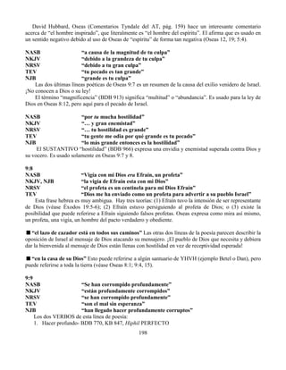 198
David Hubbard, Oseas (Comentarios Tyndale del AT, pág. 159) hace un interesante comentario
acerca de “el hombre inspirado”, que literalmente es “el hombre del espíritu”. El afirma que es usado en
un sentido negativo debido al uso de Oseas de “espíritu” de forma tan negativa (Oseas 12, 19; 5:4).
NASB “a causa de la magnitud de tu culpa”
NKJV “debido a la grandeza de tu culpa”
NRSV “debido a tu gran culpa”
TEV “tu pecado es tan grande”
NJB “grande es tu culpa”
Las dos últimas líneas poéticas de Oseas 9:7 es un resumen de la causa del exilio venidero de Israel.
¡No conocen a Dios o su ley!
El término “magnificencia” (BDB 913) significa “multitud” o “abundancia”. Es usado para la ley de
Dios en Oseas 8:12, pero aquí para el pecado de Israel.
NASB “por tu mucha hostilidad”
NKJV “… y gran enemistad”
NRSV “… tu hostilidad es grande”
TEV “tu gente me odia por qué grande es tu pecado”
NJB “lo más grande entonces es la hostilidad”
El SUSTANTIVO “hostilidad” (BDB 966) expresa una envidia y enemistad superada contra Dios y
su vocero. Es usado solamente en Oseas 9:7 y 8.
9:8
NASB “Vigía con mi Dios era Efraín, un profeta”
NKJV, NJB “la vigía de Efraín esta con mi Dios”
NRSV “el profeta es un centinela para mi Dios Efraín”
TEV “Dios me ha enviado como un profeta para advertir a su pueblo Israel”
Esta frase hebrea es muy ambigua. Hay tres teorías: (1) Efraín tuvo la intensión de ser representante
de Dios (véase Éxodos 19:5-6); (2) Efraín estuvo persiguiendo al profeta de Dios; o (3) existe la
posibilidad que puede referirse a Efraín siguiendo falsos profetas. Oseas expresa como mira así mismo,
un profeta, una vigía, un hombre del pacto verdadero y obediente.
“el lazo de cazador está en todos sus caminos” Las otras dos líneas de la poesía parecen describir la
oposición de Israel al mensaje de Dios atacando su mensajero. ¡El pueblo de Dios que necesita y debiera
dar la bienvenida al mensaje de Dios están llenas con hostilidad en vez de receptividad esperada!
“en la casa de su Dios” Esto puede referirse a algún santuario de YHVH (ejemplo Betel o Dan), pero
puede referirse a toda la tierra (véase Oseas 8:1; 9:4, 15).
9:9
NASB “Se han corrompido profundamente”
NKJV “están profundamente corrompidos”
NRSV “se han corrompido profundamente”
TEV “son el mal sin esperanza”
NJB “han llegado hacer profundamente corruptos”
Los dos VERBOS de esta línea de poesía:
1. Hacer profundo- BDB 770, KB 847, Hiphil PERFECTO
 