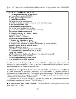 206
Reyes 14:23-24) y Asera levantado, altar de piedra cortado con un lugar para una estaca tallada o árbol
vivo.
NASB (ACTUALIZADO) TEXTO: 10:3-10
3 Ciertamente ahora dirán: No tenemos rey,
porque no hemos temido al SEÑOR.
Y el rey, ¿qué haría por nosotros?
4 Hablan meras palabras,
hacen pactos con juramentos vanos,
y el juicio brotará como hierbas venenosas en los surcos del campo.
5 Por el becerro de Bet-avén
temerán los habitantes de Samaria.
En verdad, por él hará duelo su pueblo,
y sus sacerdotes idólatras se lamentarán a causa de él,
porque de él se ha alejado su gloria.
6 También el becerro será llevado a Asiria
como tributo al rey Jareb;
Efraín se cubrirá de vergüenza,
e Israel se avergonzará de su consejo.
7 Samaria será destruida con su rey,
como una astilla sobre la superficie del agua.
8 También serán destruidos los lugares altos de Avén, el pecado de Israel;
espinos y abrojos crecerán sobre sus altares.
Entonces dirán a los montes:
¡Cubridnos!, y a los collados: ¡Caed sobre nosotros!
9 Desde los días de Guibeá has pecado, oh Israel;
¡allí se han quedado!
¿No los alcanzará en Guibeá la batalla contra los hijos de la iniquidad?
10 Cuando yo lo desee, los castigaré;
y se juntarán pueblos contra ellos cuando
sean castigados por su doble iniquidad.
10:3 “No tenemos rey” Esto puede reflejar I Samuel 8:4-9. Oseas con frecuencia habla en contra de la
monarquía del norte (véase Oseas 7:3-7; 8:4, 10, 13; 13:9-11). La dinastía original (Jeroboam I) no duro.
Hubo muchos cambios en el liderazgo (ejemplo: rey).
10:4 “Hablan meras palabras, hacen pactos con juramentos vanos” Esto es un CONNATE
ACUSIVO, enfatizando lo que hablan (BDB 150, KB 210, Piel PERFECTO) palabras humanas sin
ningún significado (véase Isaías 58:13). Esto contrasta sus juramentos/pacto a YHVH (véase Éxodos 19-
20) con sus juramentos/pactos a poderes extranjeros. No se puede confiar en el juramente de Israel.
Están basados enteramente sobre el interés propio.
La segunda línea de la poesía tiene dos INFINITIVOS ABSOLUTOS. Esta construcción llama la
atención a esta segunda línea y no en el VERBO de la línea 1.
“el juicio brotará como hierbas venenosas” Esto puede referirse a las injusticias de los jueces
(véase Amos 2:6; 5:12; 6:12).
 