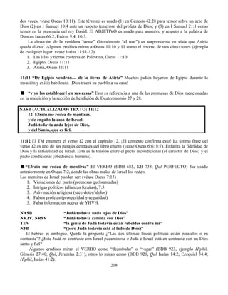 218
dos veces, véase Oseas 10:11). Este término es usado (1) en Génesis 42:28 para temor sobre un acto de
Dios (2) en I Samuel 10:4 ante un respeto temeroso del profeta de Dios; y (3) en I Samuel 21:1 como
temor en la presencia del rey David. El ADJETIVO es usado para asombro y respeto a la palabra de
Dios en Isaías 66:2; Esdras 9:4; 10:3.
La dirección de la venidera “oeste” (literalmente “el mar”) es sorprendente en vista que Asiria
queda al este. Algunos eruditos miran a Oseas 11:10 y 11 como el retorno de tres direcciones (ejemplo
de cualquier lugar, véase Isaías 11:11-12).
1. Las islas y tierras costeras en Palestina, Oseas 11:10
2. Egipto, Oseas 11:11
3. Asiria, Oseas 11:11
11:11 “De Egipto vendrán… de la tierra de Asiria” Muchos judíos huyeron de Egipto durante la
invasión y exilio babilonio. ¡Dios traerá su pueblo a su casa!
“y yo los estableceré en sus casas” Esto es referencia a una de las promesas de Dios mencionadas
en la maldición y la sección de bendición de Deuteronomio 27 y 28.
NASB (ACTUALIZADO) TEXTO: 11:12
12 Efraín me rodea de mentiras,
y de engaño la casa de Israel;
Judá todavía anda lejos de Dios,
y del Santo, que es fiel.
11:12 El TM enumera el verso 12 con el capítulo 12. ¡El contexto confirma esto! La última frase del
verso 12 es uno de los pasajes centrales del libro entero (véase Oseas 6:6; 8:7). Enfatiza la fidelidad de
Dios y la infidelidad de Israel. Esta es la tensión entre el pacto incondicional (el carácter de Dios) y el
pacto condicional (obediencia humana).
“Efraín me rodea de mentiras” El VERBO (BDB 685, KB 738, Qal PERFECTO) fue usado
anteriormente en Oseas 7:2, donde las obras malas de Israel los rodeo.
Las mentiras de Israel pueden ser: (véase Oseas 7:13)
1. Violaciones del pacto (promesas quebrantadas)
2. Intrigas políticos (alianzas forañas), 7:3
3. Adivinación religiosa (sacerdotes/ídolos)
4. Falsos profetas (prosperidad y seguridad)
5. Falsa informacion acerca de YHVH.
NASB “Judá todavía anda lejos de Dios”
NKJV, NRSV “Judá todavía camina con Dios”
TEV “la gente de Judá todavía están rebeldes contra mi”
NJB “(pero Judá todavía está al lado de Dios)”
El hebreo es ambiguo. Queda la pregunta ¿“Las dos últimas líneas políticas están paralelos o en
contraste”? ¿Este Judá en contraste con Israel pecaminosa o Judá e Israel está en contraste con un Dios
santo y fiel?
Algunos eruditos miran el VERBO como “deambular” o “vagar” (BDB 923, ejemplo Hiphil,
Génesis 27:40; Qal, Jeremías 2:31), otros lo miran como (BDB 921, Qal Isaías 14:2; Ezequiel 34:4;
Hiphil, Isaías 41:2).
 