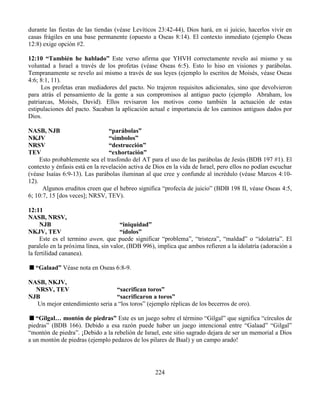224
durante las fiestas de las tiendas (véase Levíticos 23:42-44), Dios hará, en si juicio, hacerlos vivir en
casas frágiles en una base permanente (opuesto a Oseas 8:14). El contexto inmediato (ejemplo Oseas
12:8) exige opción #2.
12:10 “También he hablado” Este verso afirma que YHVH correctamente revelo así mismo y su
voluntad a Israel a través de los profetas (véase Oseas 6:5). Esto lo hiso en visiones y parábolas.
Tempranamente se revelo así mismo a través de sus leyes (ejemplo lo escritos de Moisés, véase Oseas
4:6; 8:1, 11).
Los profetas eran mediadores del pacto. No trajeron requisitos adicionales, sino que devolvieron
para atrás el pensamiento de la gente a sus compromisos al antiguo pacto (ejemplo Abraham, los
patriarcas, Moisés, David). Ellos revisaron los motivos como también la actuación de estas
estipulaciones del pacto. Sacaban la aplicación actual e importancia de los caminos antiguos dados por
Dios.
NASB, NJB “parábolas”
NKJV “símbolos”
NRSV “destrucción”
TEV “exhortación”
Esto probablemente sea el trasfondo del AT para el uso de las parábolas de Jesús (BDB 197 #1). El
contexto y énfasis está en la revelación activa de Dios en la vida de Israel, pero ellos no podían escuchar
(véase Isaías 6:9-13). Las parábolas iluminan al que cree y confunde al incrédulo (véase Marcos 4:10-
12).
Algunos eruditos creen que el hebreo significa “profecía de juicio” (BDB 198 II, véase Oseas 4:5,
6; 10:7, 15 [dos veces]; NRSV, TEV).
12:11
NASB, NRSV,
NJB “iniquidad”
NKJV, TEV “ídolos”
Este es el termino awen, que puede significar “problema”, “tristeza”, “maldad” o “idolatría”. El
paralelo en la próxima línea, sin valor, (BDB 996), implica que ambos refieren a la idolatría (adoración a
la fertilidad cananea).
“Galaad” Véase nota en Oseas 6:8-9.
NASB, NKJV,
NRSV, TEV “sacrifican toros”
NJB “sacrificaron a toros”
Un mejor entendimiento seria a “los toros” (ejemplo réplicas de los becerros de oro).
“Gilgal… montón de piedras” Este es un juego sobre el término “Gilgal” que significa “círculos de
piedras” (BDB 166). Debido a esa razón puede haber un juego intencional entre “Galaad” “Gilgal”
“montón de piedra”. ¡Debido a la rebelión de Israel, este sitio sagrado dejara de ser un memorial a Dios
a un montón de piedras (ejemplo pedazos de los pilares de Baal) y un campo arado!
 