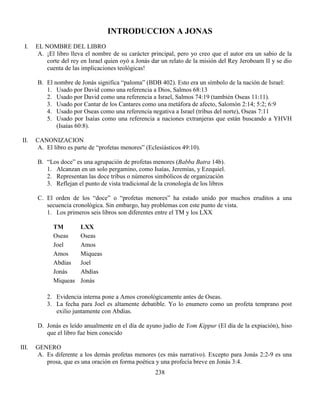 238
INTRODUCCION A JONAS
I. EL NOMBRE DEL LIBRO
A. ¡El libro lleva el nombre de su carácter principal, pero yo creo que el autor era un sabio de la
corte del rey en Israel quien oyó a Jonás dar un relato de la misión del Rey Jeroboam II y se dio
cuenta de las implicaciones teológicas!
B. El nombre de Jonás significa “paloma” (BDB 402). Esto era un símbolo de la nación de Israel:
1. Usado por David como una referencia a Dios, Salmos 68:13
2. Usado por David como una referencia a Israel, Salmos 74:19 (también Oseas 11:11).
3. Usado por Cantar de los Cantares como una metáfora de afecto, Salomón 2:14; 5:2; 6:9
4. Usado por Oseas como una referencia negativa a Israel (tribus del norte), Oseas 7:11
5. Usado por Isaías como una referencia a naciones extranjeras que están buscando a YHVH
(Isaías 60:8).
II. CANONIZACION
A. El libro es parte de “profetas menores” (Eclesiásticos 49:10).
B. “Los doce” es una agrupación de profetas menores (Babba Batra 14b).
1. Alcanzan en un solo pergamino, como Isaías, Jeremías, y Ezequiel.
2. Representan las doce tribus o números simbólicos de organización
3. Reflejan el punto de vista tradicional de la cronología de los libros
C. El orden de los “doce” o “profetas menores” ha estado unido por muchos eruditos a una
secuencia cronológica. Sin embargo, hay problemas con este punto de vista.
1. Los primeros seis libros son diferentes entre el TM y los LXX
TM LXX
Oseas Oseas
Joel Amos
Amos Miqueas
Abdías Joel
Jonás Abdías
Miqueas Jonás
2. Evidencia interna pone a Amos cronológicamente antes de Oseas.
3. La fecha para Joel es altamente debatible. Yo lo enumero como un profeta temprano post
exilio juntamente con Abdías.
D. Jonás es leído anualmente en el día de ayuno judío de Yom Kippur (El día de la expiación), hiso
que el libro fue bien conocido
III. GENERO
A. Es diferente a los demás profetas menores (es más narrativo). Excepto para Jonás 2:2-9 es una
prosa, que es una oración en forma poética y una profecía breve en Jonás 3:4.
 