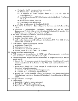 264
c. Conjugación Hiphil – mantenerse firme, creer, confiar
(1) Abraham creyó a Dios, Génesis 15:6
(2) Los israelitas en Egipto creyeron, Éxodo 4:31; 14:31 (se niega en
Deuteronomio 1:32)
(3) Los israelitas creían que YHWH habló a través de Moisés, Éxodo 19:9; Salmos
106:12, 24
(4) Acaz no confió en Dios, Isaías 7:9
(5) El que crea en eso/él, Isaías 28:16
(6) Creer verdades acerca de Dios, Isaías 43:10-12
2. SUSTANTIVO (MASCULINO) – fidelidad (ejemplo, Deuteronomio 32:20; Isaías 25:1;
26:2)
3. ADVERBIO – verdaderamente, ciertamente, concuerdo, que así sea (véase
Deuteronomio 27:15-26; 1 Reyes 1:36; 1 Crónicas 16:36; Isaías 65:16; Jeremías 11:5;
28:6). Este es el uso litúrgico de “amén” en el AT y NT.
B. ‫אמת‬ (BDB 54) SUSTANTIVO FEMENINO, firmeza, fidelidad verdad
1. de hombres, Isaías 10:20; 42:3; 48:1
2. de Dios, Éxodo 34:6; Salmos 117:2; Isaías 38:18, 19; 61:8
3. de la verdad, Deuteronomio 32:4; 1 Reyes 22:16; Salmos 33:4; 98:3; 100:5; 119:30;
Jeremías 9:4; Zacarías 8:16
C. ‫(אמונה‬BDB 53), firmeza, determinación, fidelidad
1. de las manos, Éxodo 17:12
2. de los tiempos, Isaías 33:6
3. de los humanos, Jeremías 5:3; 7:28; 9:2
4. de Dios, Salmos 40:11; 88:12; 89:2, 3, 6, 9; 119:138
III. Uso que Pablo hace de este concepto
A. Pablo basa este nuevo entendimiento de YHWH y del AT en su encuentro personal con
Jesús en el camino a Damasco (véase Hechos 9; 22; 26).
B. Encontró apoyo en el AT para su nuevo entendimiento en dos pasajes claves del AT que
usan la raíz ‫.אמן‬
1. Génesis 15:6 – El encuentro personal de Abram iniciado por Dios (Génesis 12) resultó
en una vida obediente de fe (Génesis 12-22). Pablo alude a esto en Romanos 12 y
Gálatas 3.
2. Isaías 28:16 – los que creen en eso (ejemplo, la piedra angular de Dios probada y
firmemente colocada) nunca serán:
a. Romanos 9:33, “avergonzados” ni “decepcionados”.
b. Romanos 10:11, lo mismo que el punto anterior.
3. Habacuc 2:4 – los que conocen al Dios fiel deberían tener vidas fieles (veaseJeremías
7:28). Pablo usa este texto en Romanos 1:17 y Gálatas 3:11 (también observe Hebreos
10:38).
IV. El uso que Pedro hace del concepto.
A. Pedro combina
1. Isaías 8:14 – 1 Pedro 2:8 (piedra de tropiezo)
2. Isaías 28:16 – 1 Pedro 2:6 (piedra angular)
3. Salmos 111:22 – 1 Pedro 2:7 (piedra desechada)
 
