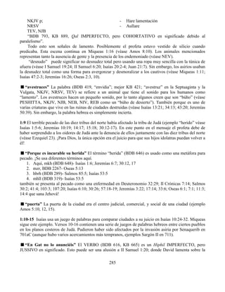 285
NKJV p; - Hare lamentación
NRSV - Aullare
TEV, NJB
“BDB 793, KB 889, Qal IMPERFECTO, pero COHORTATIVO en significado debido al
paralelismo”.
Todo esto son señales de lamento. Posiblemente el profeta estuvo vestido de silicio cuando
predicaba. Esta escena continua en Miqueas 1:16 (véase Amos 8:10). Los animales mencionados
representan tanto la ausencia de gente y la presencia de los endemoniado (véase NEV).
“desnudo” puede significar no desnudez total pero usando una ropa muy sencilla con la túnica de
afuera (véase I Samuel 19:24; II Samuel 6:20; Isaías 20:2-4; Juan 21:7). Sin embargo, los asirios usaban
la desnudez total como una forma para avergonzar y desmoralizar a los cautivos (véase Miqueas 1:11;
Isaías 47:2-3; Jeremías 16:26; Oseas 2:3, 10).
“avestruces” La palabra (BDB 419, “envidia”; mejor KB 421; “avestruz” en la Septuaginta y la
Vulgata, NKJV, NRSV, TEV) se refiere a un animal que tiene el sonido para los humanos como
“lamento”. Los avestruces hacen un pequeño sonido, por lo tanto algunos creen que son “búho” (véase
PESHITTA, NKJV, NJB, NEB, NIV, REB como un “búho de desierto”). También porque es uno de
varias criaturas que vive en las ruinas de ciudades destruidas (véase Isaías 13:21; 34:13; 43:20; Jeremías
50:39). Sin embargo, la palabra hebrea es simplemente incierta.
1:9 El terrible pecado de las diez tribus del norte había afectado la tribu de Judá (ejemplo “herido” véase
Isaías 1:5-6; Jeremías 10:19; 14:17; 15:18; 30:12-17). En este punto en el mensaje el profeta debe de
haber sorprendido a los oidores de Judá ante la denuncia de ellos juntamente con las diez tribus del norte
(véase Ezequiel 23). ¡Para Dios, la única opción era el juicio para que sus hijos idolatras puedan volver a
él!
“Porque es incurable su herida” El término “herida” (BDB 646) es usado como una metáfora para
pecado. ¡Se usa diferentes términos aquí.
1. Aquí, mkh (BDB 648)- Isaías 1:6; Jeremías 6:7; 30:12, 17
2. mzr, BDB 2267- Oseas 5:13
3. hbrh (BDB 289)- Salmos 85:5; Isaías 53:5
4. mhll (BDB 319)- Isaías 53:5
también se presenta al pecado como una enfermedad en Deuteronomio 32:29; II Crónicas 7:14; Salmos
30:2; 41:4; 103:3; 107:20; Isaías 6:10; 30:26; 57:18-19; Jeremías 3:22; 17:14; 33:6; Oseas 6:1; 7:1; 11:3;
14:4 que sana Jehová!
“puerta” La puerta de la ciudad era el centro judicial, comercial, y social de una ciudad (ejemplo
Amos 5:10, 12, 15).
1:10-15 Isaías usa un juego de palabras para comparar ciudades a su juicio en Isaías 10:24-32. Miqueas
sigue este ejemplo. Versos 10-16 contienen una serie de juegos de palabras hebreos entre ciertos pueblos
en los planos costeros de Judá. Pudieron haber sido afectados por la invasión asiria por Senaquerib en
701aC (aunque hubo varios acercamientos más tempranos, ejemplos Sargón II en 711).
“En Gat no lo anunciéis” El VERBO (BDB 616, KB 665) es un Hiphil IMPERFECTO, pero
JUSSIVO en significado. Esto puede ser una alusión a II Samuel 1:20; donde David lamenta sobre la
 
