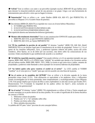 292
“refrán” Esto se refiere a un canto o un proverbio (ejemplo mashal, BDB 605 II) que hablan otros
para denotar la situación/condición actual de una persona o un grupo. Llega a ser una herramienta de
entrenamiento para advertir a otros que no hagan lo mismo.
“lamentación” Esto se refiere a un canto fúnebre (BDB 624, KB 675, Qal PERFECTO). El
proverbio es Miqueas 2:4 c-f (cuatro líneas de poesías).
Este término (BDB 624, KB 675) es repetido tres veces en el texto hebreo Masorético:
1. El VERBO (Qal PERFECTO)
2. El SUSTANTIVO (MASCULINO SINGULAR)
3. El SUSTANTIVO (FEMENINO SINGULAR)
Esta repetición denota una lamentación dolorosa (gimiendo).
“Hemos sido totalmente destruidos” Esto es una construcción CONNATE usado para énfasis:
1. BDB 994, KB 1418, un Qal INFINITO ABSOLUTO
2. BDB 994, KB 1418, un Niphal IMPERFECTO
2:4 “Él ha cambiado la porción de mi pueblo” El término “cambia” (BDB 558, KB 560, Hiphil
IMPERFECTO) es un término legal para la transferencia de un título de propiedad. Versos 4 y 5 es el
gemir de los israelitas influyentes, ricos, y poderosos (quienes robaron del pobre, acerca del exilio
venidero). ¡Pero fíjense, no es de dolor por sus acciones, sino dolor sobre las consecuencias de sus
acciones. Están cosechando lo que sembraron (de acuerdo a su siembra)!
“Al infiel ha repartido nuestros campos” Esto puede referirse y/o (1) un apostata (ejemplo uno que
regresa, BDB 1000, NKJV) o (2) JPSOA tiene “rebelde” de asolador que denota a los invasores asirios
(de raíz hebrea similar, BDB 1000, NRSV, TEV, NJB). La ironía es que estos ricos y judíos amantes de
propiedades y poderoso están llamando a otros (ejemplo los invasores) ladrones de propiedades.
2:5 “no habrá quién eche para vosotros el cordel en el sorteo” La LXX cambia el VERBO
“cambiar” en el verso previo a “medir” para que esté de acuerdo con esta línea de la poesía.
“en el sorteo en la asamblea del SEÑOR” Esto se refiere a la división sagrada de la tierra
prometida (véase Josué 12-21). Esta afirmación es equivalente a los poderoso, ricos, e influyentes
siendo excomulgados de la tierra prometida, tanto temporalmente y escatológicamente (véase Miqueas
2:10). Este pasaje implica que el juicio de Dios a estos explotadores es aún más severo que Éxodos 20:5;
Deuteronomio 5:9 (“visitando la iniquidad de los padres sobres los hijos”). ¡Esta exclusión es
permanente y tras generacional!
“en el sorteo” El término “sorteo” (BDB 174) originalmente se refiere al Urim y Turim cargado por
el sumo sacerdote en su pecho detrás de las doce piedras. No se sabe el significado de la forma mecánica
de conocer a YHVH:
1. Diferentes colores de piedras
2. Piedras con “si” o “no” pintadas sobre ellas
3. Piedras con letras sobre ellas
4. Otros métodos desconocidos
La palabra del NT para “clero” proviene de este concepto hebreo.
 