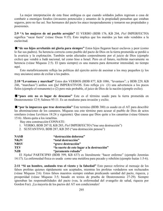 295
La mejor interpretación de esta frase ambigua es que cuando soldados judíos regresan a casa de
combatir a enemigos foraños (invasores potenciales y amantes de la propiedad) pensaban que estaban
seguros, pero no fue así. Sus hermanos del pacto los ataco inesperadamente y tomaron sus propiedades y
posesiones.
2:9 “A las mujeres de mi pueblo arrojáis” El VERBO (BDB 176, KB 204, Piel IMPERFECTO)
significa “sacar fuera” (véase Oseas 9:15). Esto implica que los maridos ya han sido vendidos a la
esclavitud.
“de sus hijos arrebatáis mi gloria para siempre” Estos hijos llegaron hacer esclavos y peor (como
lo fue sus padres). Su herencia correcta como pueblo del pacto de Dios en la tierra prometida se perdió a
la avaricia y la explotación. También serán afectados corporalmente por el juicio de Dios (ejemplo
exilio) que vendrá a Judá nacional, tal como hiso a Israel. Pero en el futuro, recibirán nuevamente su
herencia (véase Miqueas 2:5). El (para siempre) es una manera para demostrar intensidad, no tiempo
aquí.
Esto metafóricamente refleja las políticas del ejercito asirio de asesinar a los muy pequeños (y los
muy ancianos) antes de exiliar a los padres.
2:10 “Levantaos y marchad” Estos dos VERBOS (BDB 877, KB 1086, “levantaos”; y BDB 229, KB
246, “marchaos”) ambos son Qal IMPERATIVOS. Esto refleja y/o (1) una advertencia a los pocos
fieles (ejemplo el remanente) o (2) pero más probable, el juico de Dios de la nación (ejemplo exilio).
“pues este no es lugar de descanso” Este es el término usado para la tierra prometida en
Deuteronomio 12:9; Salmos 95:11. Es un modismo para invasión y exilio.
“por la impureza que trae destrucción” Este termino (BDB 380) es usado en el AT para describir
las abominaciones de los cananeos. Miqueas usa este término para acusar al pueblo de Dios de actos
similares (véase Levíticos 18:24 y siguiente). Que causa que Dios quite a los cananitas (véase Génesis
15:6). Ahora quita a los israelitas.
Hay otra construcción CONNATE:
1. VERBO, BDB 287 II, KB 285, Piel IMPERFECTO ("trae una destrucción”)
2. SUSTANTIVO, BDB 287, KB 285 (“una destrucción penosa”)
NASB “destrucción dolorosa”
NKJV “total destrucción”
NRSV “grave destrucción”
TEV “la suerte de este lugar a la destrucción”
NJB “juramento robado”
El Niphal PARTICIPIO (BDB 599, KB 637) es literalmente “hacer enfermo” (ejemplo Jeremías
14:17). La enfermedad física es usada como una metáfora para pecado y rebelión (ejemplo Isaías 1:5-6).
2:11 “Si un hombre, andando tras el viento y la falsedad” Esto parece referirse al mensaje de los
falsos profetas quienes rápidamente son aceptados, mientras los profetas verdaderos son rechazados
(véase Miqueas 2:6). Estos falsos maestros siempre estaban predicando sanidad del pacto, riqueza, y
prosperidad (véase Miqueas 3:5; basado en textos de prueba de Deuteronomio 27-29). Siempre
ignoraban las responsabilidades del pacto (vea, la enfermedad del evangelio de salud, riqueza por
Gordon Fee). ¡La mayoría de los pactos del AT son condicionales!
 