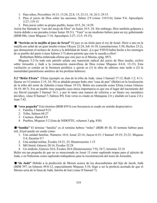 319
1. Para niños, Proverbios 10:13; 13:24; 22:8, 15; 23:13, 14; 26:3; 29:15
2. Para el juicio de Dios sobre las naciones, Salmo 2:9 (véase 110:5-6); Isaías 9:4; Apocalipsis
2:27; 119:15
3. Para juicio sobre su propio pueblo, Isaías 10:5, 24; 14:29.
Asiria fue llamada la “vara del enojo de Dios” en Isaías 10:5, 24. Sin embargo, Dios también golpeara a
Asiria debido a sus pecados (véase Isaías 30:31). “Vara” es un modismo hebreo para un rey gobernando
(BDB 986, véase Miqueas 7:14; Apocalipsis 2:27; 12:5; 19:15).
“herirán en la mejilla al juez de Israel” El juez es un título para el rey de Israel. Herir a uno en la
mejilla era señal de un gran insulto (véase I Reyes 22:24; Job 16:10; Lamentaciones 3:30; Hechos 23:2),
que demuestran el rechazo de Asiria y la debilidad de Israel. ¡Lo que YHVH había hecho a los enemigos
de su pueblo del pacto (véase Salmos 3:7) ahora permite que esto le suceda a ellos!
Rotherham Biblia enfatizada afirma que este juez es el Mesías, (pág. 887).
Miqueas 5:2-5a todo este párrafo señala una transición radical del juicio de Dios (asalto, exilio)
sobre Jerusalén y Judá a la restauración maravillosa de Dios (véase Miqueas 4:6-8, 12-13). Esta
vacilación es común en la literatura profética y quizás es (1) la obra de editores más tarde o (2) la
mentalidad (paralelismo antiético de los profetas hebreos).
5:2 “Belén Efrata” Efrata (ejemplo un clan de la tribu de Judá, véase I Samuel 17:12; Ruth 1:2; 4:11;
fíjense en I Corintios 2:19, 24, 50) es añadido porque hubo otro “casa de pan” (Belén) en la localización
de la tribu del norte de Zabulón (véase Oseas 19:15). Belén era conocida como Efrata (véase Génesis
38:19; 48:7). Era un pueblo muy pequeño cuya única importancia es que era el lugar del nacimiento del
rey David (ejemplo I Samuel 16:1, y por lo tanto una manera de referirse a un futuro rey mesiánico
davídico, véase II Samuel 7; Salmos 89). Este verso es citado en Malaquías 2:6 y aludido en Lucas 2:4 y
Juan 7:42.
“eres pequeña” Este término (BDB 859 I) con frecuencia es usado en sentido despreciativo.
1. Familia, I Samuel 9:21
2. Tribu, Salmos 68:27
3. Cuernos, Daniel 8:9
4. Pueblos, Miqueas 5:2 (lista de NIDOTTE, volumen 3 pág. 830)
“familia” El término “familia” es el termino hebreo “miles” (BDB 48 II). El termino hebreo para
mil, Eleph puede ser usado como:
1. Una unidad familiar, Números 10:4; Josué 22:14; Jueces 6:15; I Samuel 10:19; 23:23; Miqueas
5:4; Zacarías 9:7
2. Una unidad militar, Éxodos 18:21, 25; Deuteronomio 1:15
3. Mil literal, Génesis 20:16; Éxodos 32:28
4. Un símbolo, Génesis 24:6; Éxodos 20:6 (Deuteronomio 7:9); 34:7; Jeremías 32:18
Belén era tan pequeña de que no es mencionada en Josué 15 como supliendo tropas para el ejército de
Judá, o en Nehemías como supliendo trabajadores para la reconstrucción del muro de Jerusalén.
“de Judá” Debido a la predicción de Moisés acerca de los descendientes del hijo de Jacob, Judá
(BDB 397, en Génesis 49:8-12, especialmente Miqueas 5:10, llego a ser la profecía acertada de que el
Mesías seria de la línea de Judá, familia de Isaí (véase II Samuel 7).
 