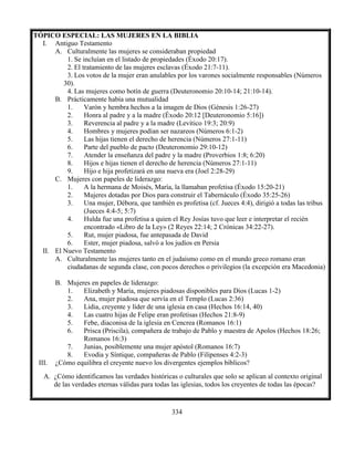 334
TÓPICO ESPECIAL: LAS MUJERES EN LA BIBLIA
I. Antiguo Testamento
A. Culturalmente las mujeres se consideraban propiedad
1. Se incluían en el listado de propiedades (Éxodo 20:17).
2. El tratamiento de las mujeres esclavas (Éxodo 21:7-11).
3. Los votos de la mujer eran anulables por los varones socialmente responsables (Números
30).
4. Las mujeres como botín de guerra (Deuteronomio 20:10-14; 21:10-14).
B. Prácticamente había una mutualidad
1. Varón y hembra hechos a la imagen de Dios (Génesis 1:26-27)
2. Honra al padre y a la madre (Éxodo 20:12 [Deuteronomio 5:16])
3. Reverencia al padre y a la madre (Levítico 19:3; 20:9)
4. Hombres y mujeres podían ser nazareos (Números 6:1-2)
5. Las hijas tienen el derecho de herencia (Números 27:1-11)
6. Parte del pueblo de pacto (Deuteronomio 29:10-12)
7. Atender la enseñanza del padre y la madre (Proverbios 1:8; 6:20)
8. Hijos e hijas tienen el derecho de herencia (Números 27:1-11)
9. Hijo e hija profetizará en una nueva era (Joel 2:28-29)
C. Mujeres con papeles de liderazgo:
1. A la hermana de Moisés, María, la llamaban profetisa (Éxodo 15:20-21)
2. Mujeres dotadas por Dios para construir el Tabernáculo (Éxodo 35:25-26)
3. Una mujer, Débora, que también es profetisa (cf. Jueces 4:4), dirigió a todas las tribus
(Jueces 4:4-5; 5:7)
4. Hulda fue una profetisa a quien el Rey Josías tuvo que leer e interpretar el recién
encontrado «Libro de la Ley» (2 Reyes 22:14; 2 Crónicas 34:22-27).
5. Rut, mujer piadosa, fue antepasada de David
6. Ester, mujer piadosa, salvó a los judíos en Persia
II. El Nuevo Testamento
A. Culturalmente las mujeres tanto en el judaísmo como en el mundo greco romano eran
ciudadanas de segunda clase, con pocos derechos o privilegios (la excepción era Macedonia)
B. Mujeres en papeles de liderazgo:
1. Elizabeth y María, mujeres piadosas disponibles para Dios (Lucas 1-2)
2. Ana, mujer piadosa que servía en el Templo (Lucas 2:36)
3. Lidia, creyente y líder de una iglesia en casa (Hechos 16:14, 40)
4. Las cuatro hijas de Felipe eran profetisas (Hechos 21:8-9)
5. Febe, diaconisa de la iglesia en Cencrea (Romanos 16:1)
6. Prisca (Priscila), compañera de trabajo de Pablo y maestra de Apolos (Hechos 18:26;
Romanos 16:3)
7. Junias, posiblemente una mujer apóstol (Romanos 16:7)
8. Evodia y Síntique, compañeras de Pablo (Filipenses 4:2-3)
III. ¿Cómo equilibra el creyente nuevo los divergentes ejemplos bíblicos?
A. ¿Cómo identificamos las verdades históricas o culturales que solo se aplican al contexto original
de las verdades eternas válidas para todas las iglesias, todos los creyentes de todas las épocas?
 